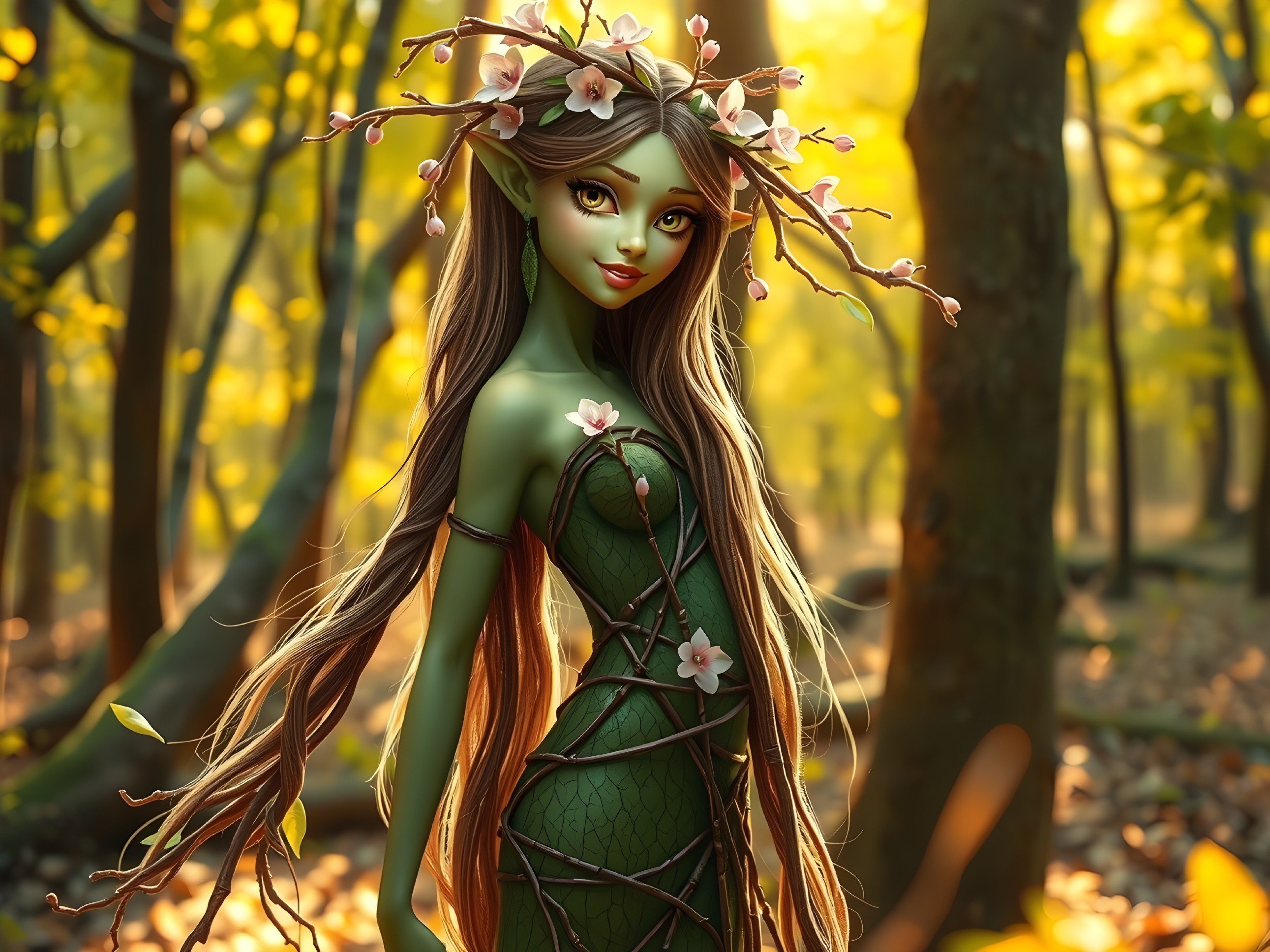 Mystical Figure in a Sunlit Forest with Nature Elements