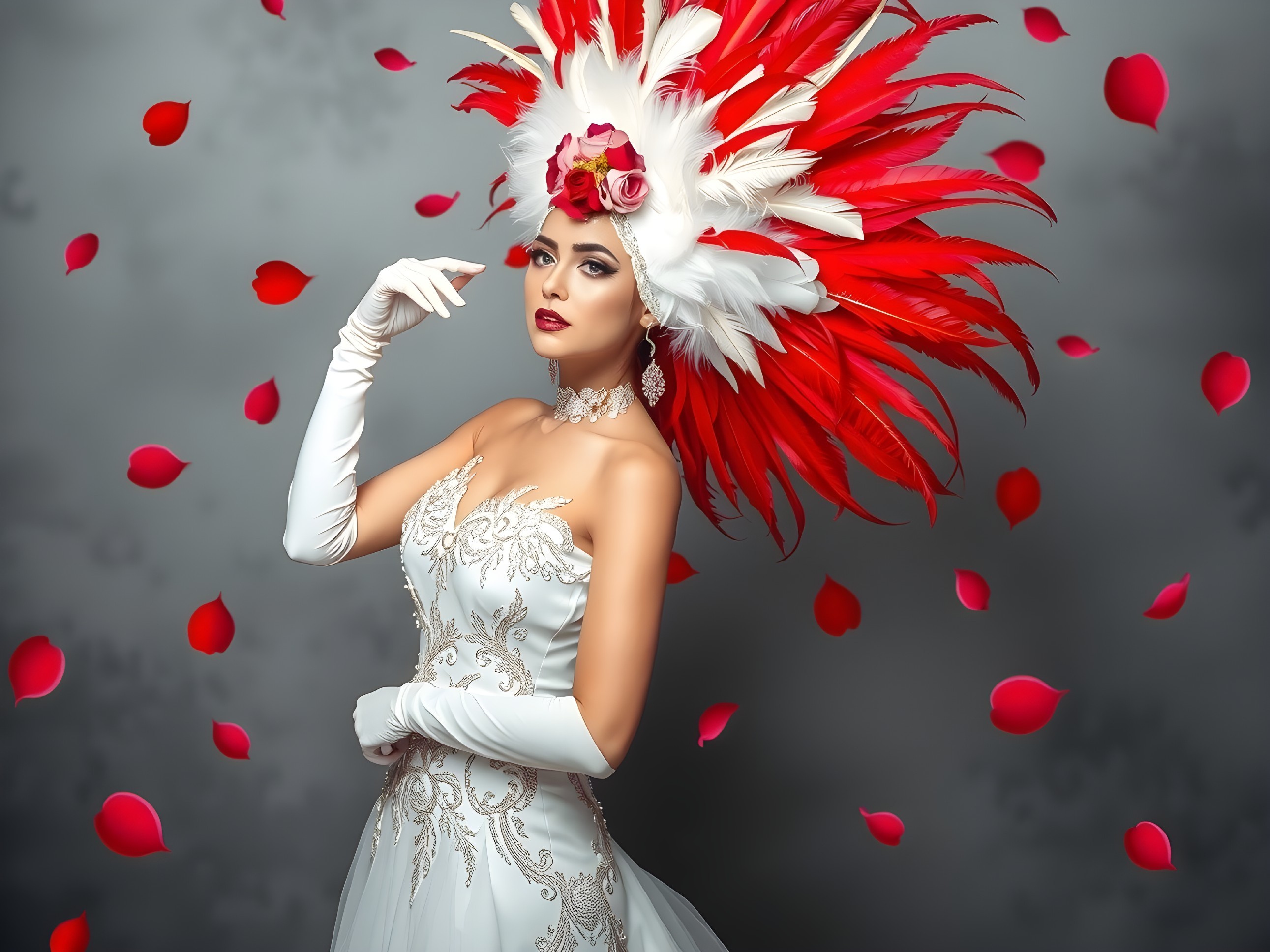 Elegant Woman in Lavish White Gown with Feathers