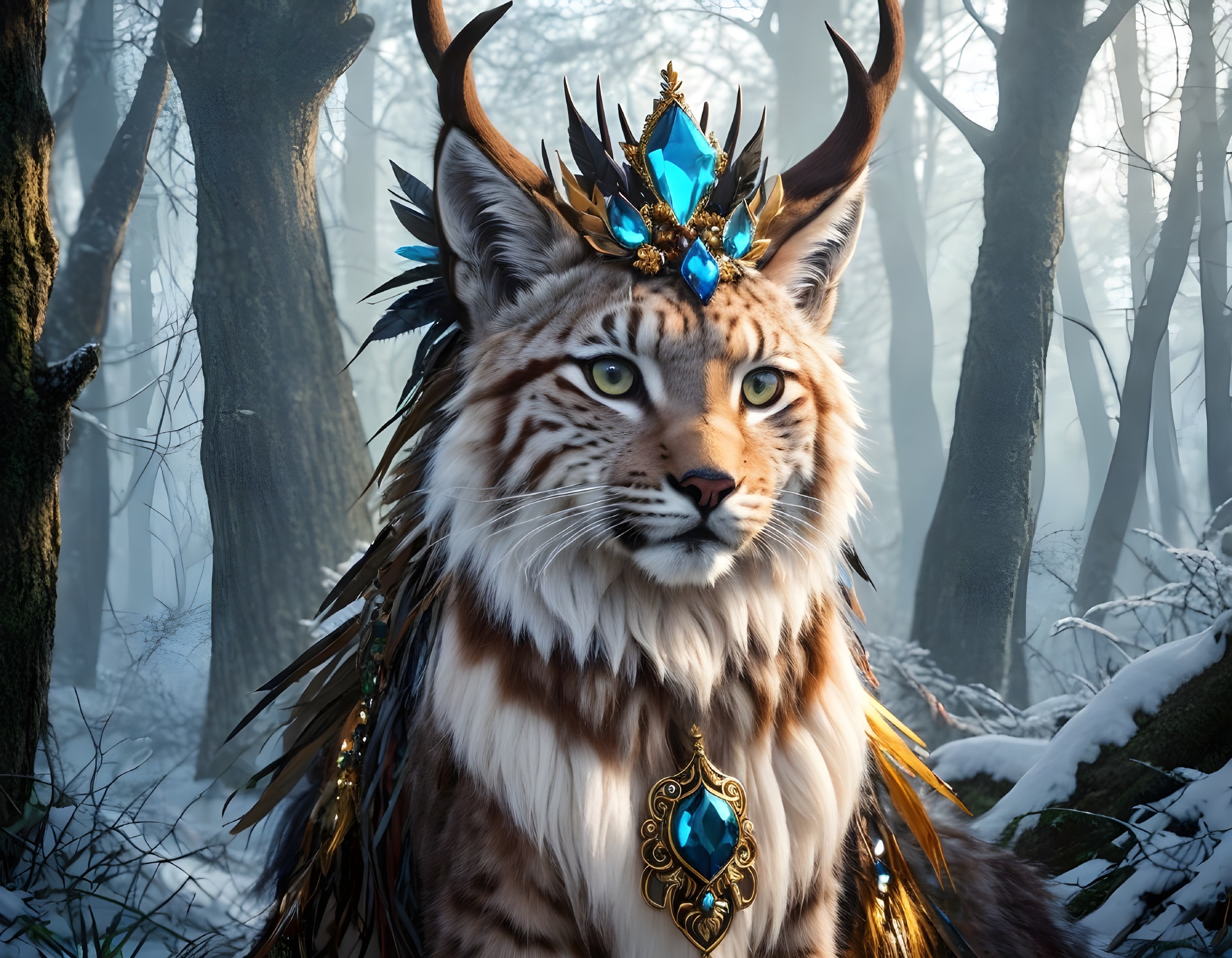 Lynx with Antler Crown in Enchanted Forest Setting