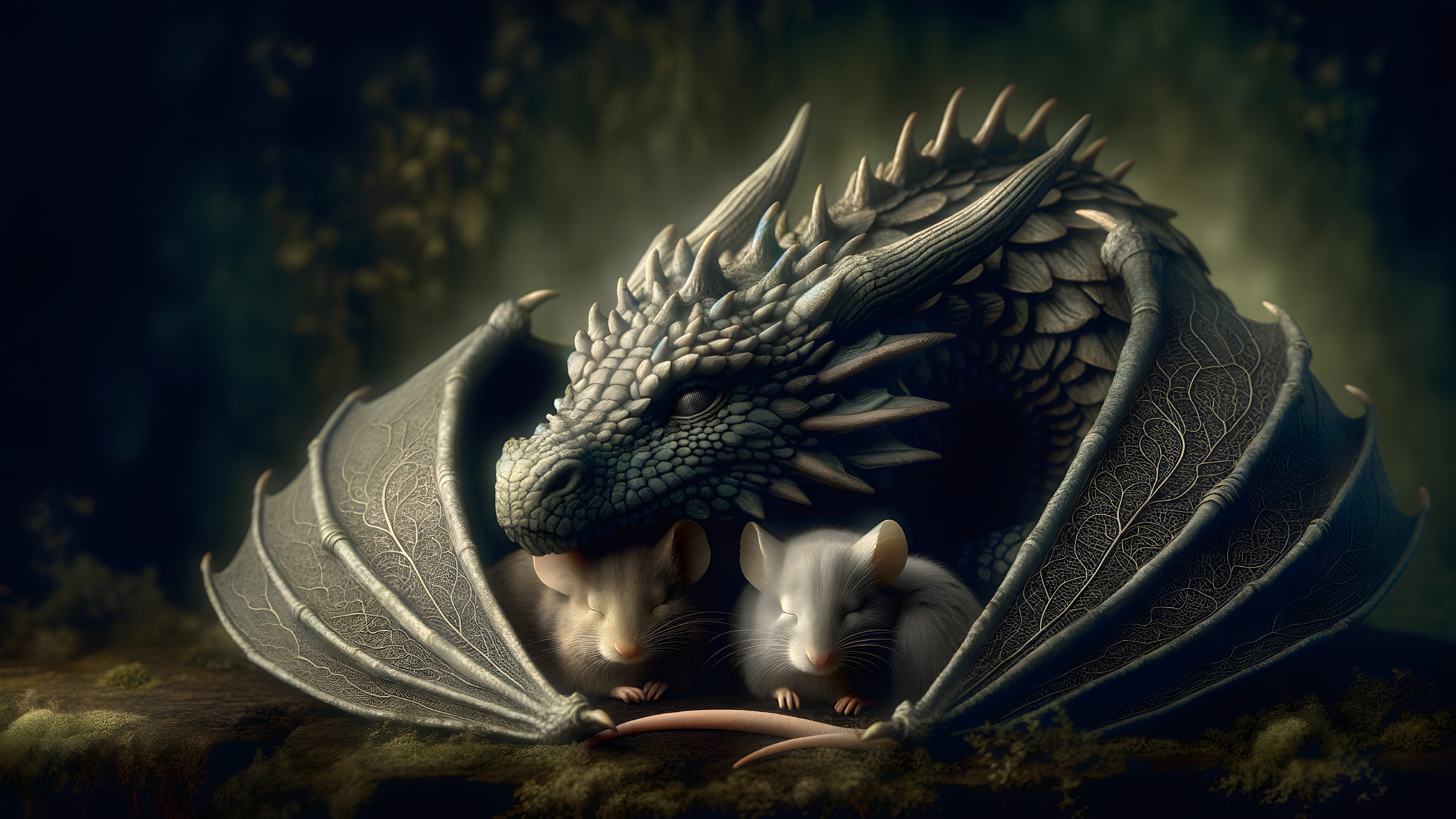 Majestic dragon watches over fluffy mice in forest