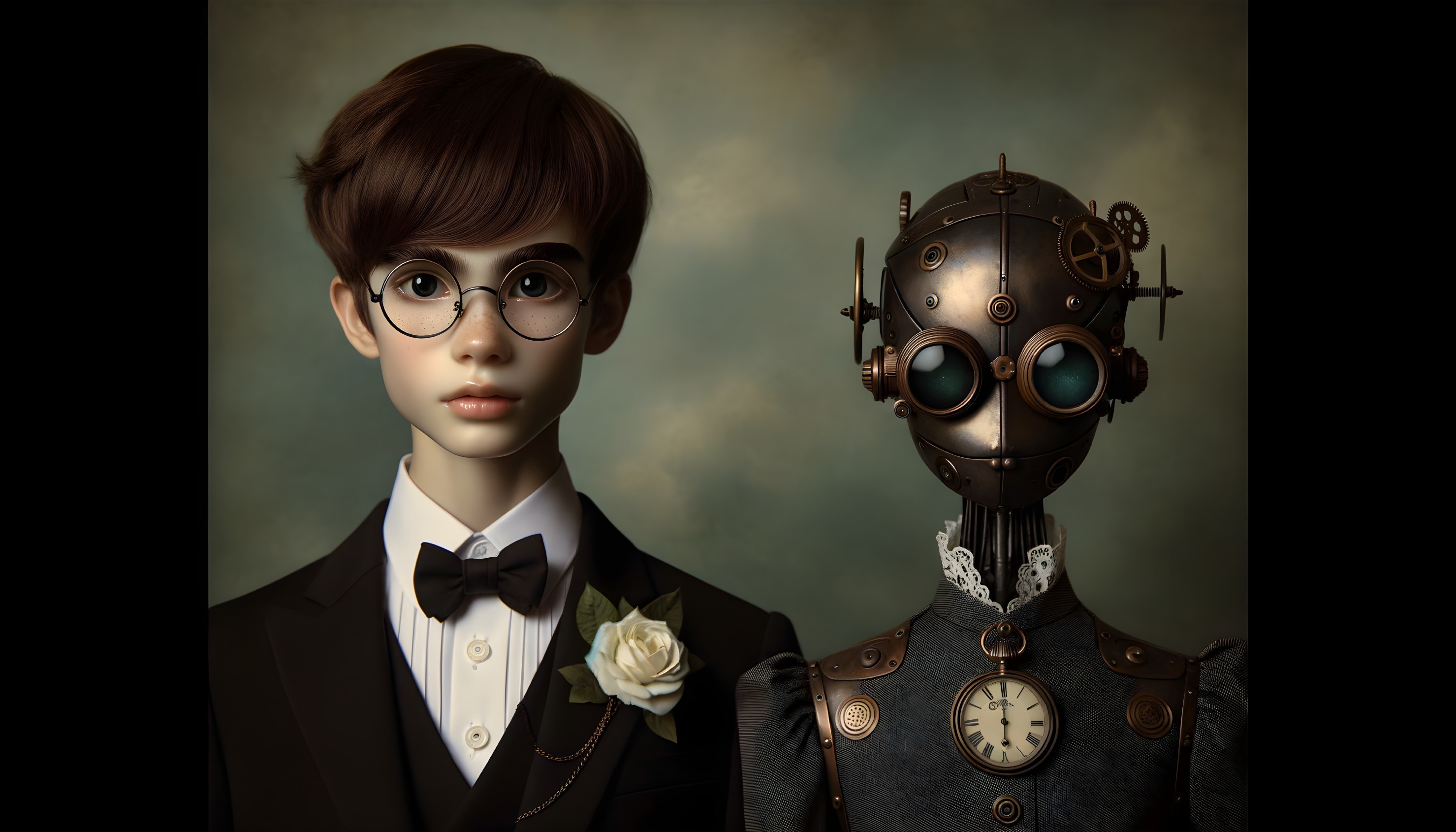 Young Boy in Tuxedo with Steampunk Robot Background