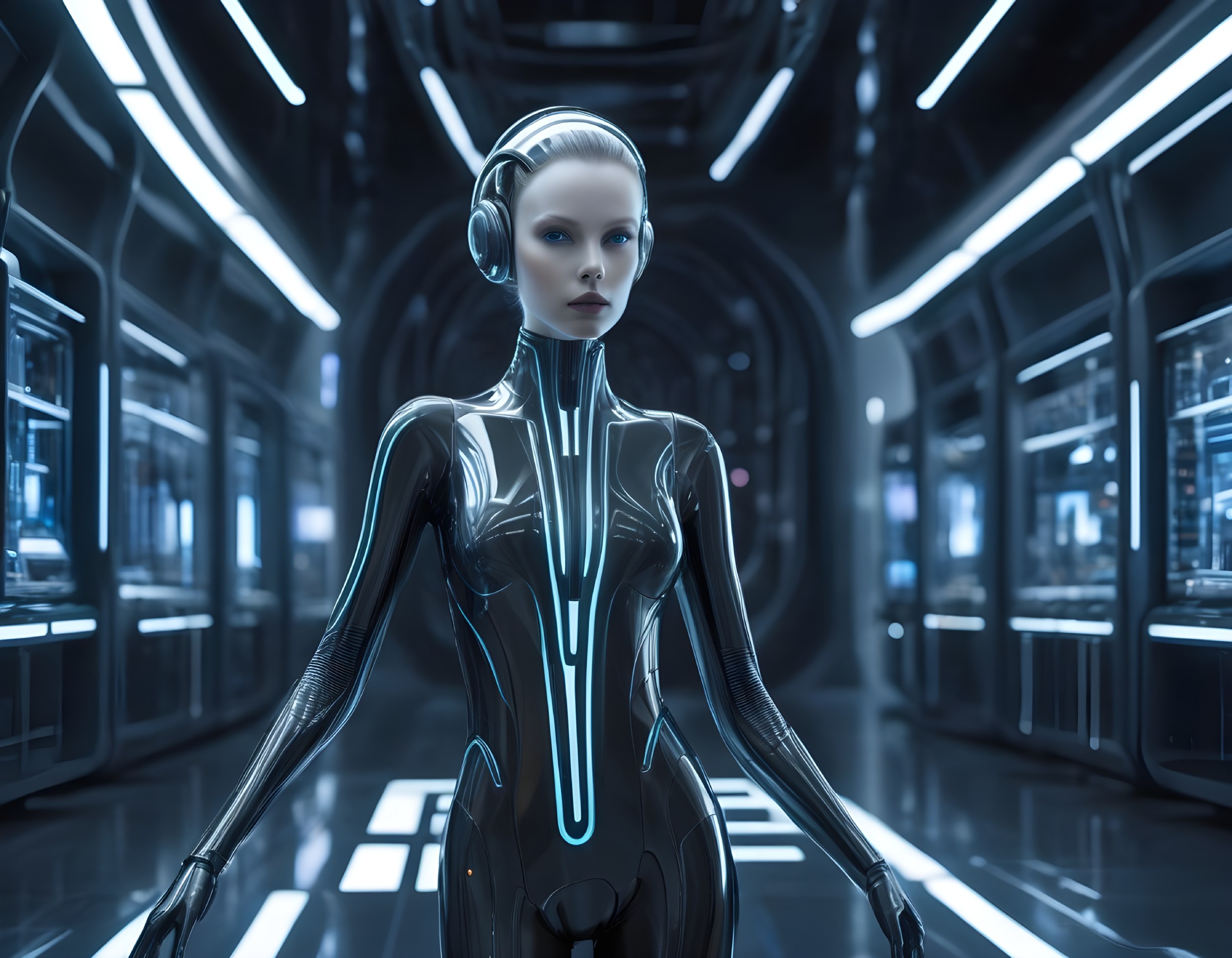 Humanoid Figure in Futuristic Hallway with Tech Elements