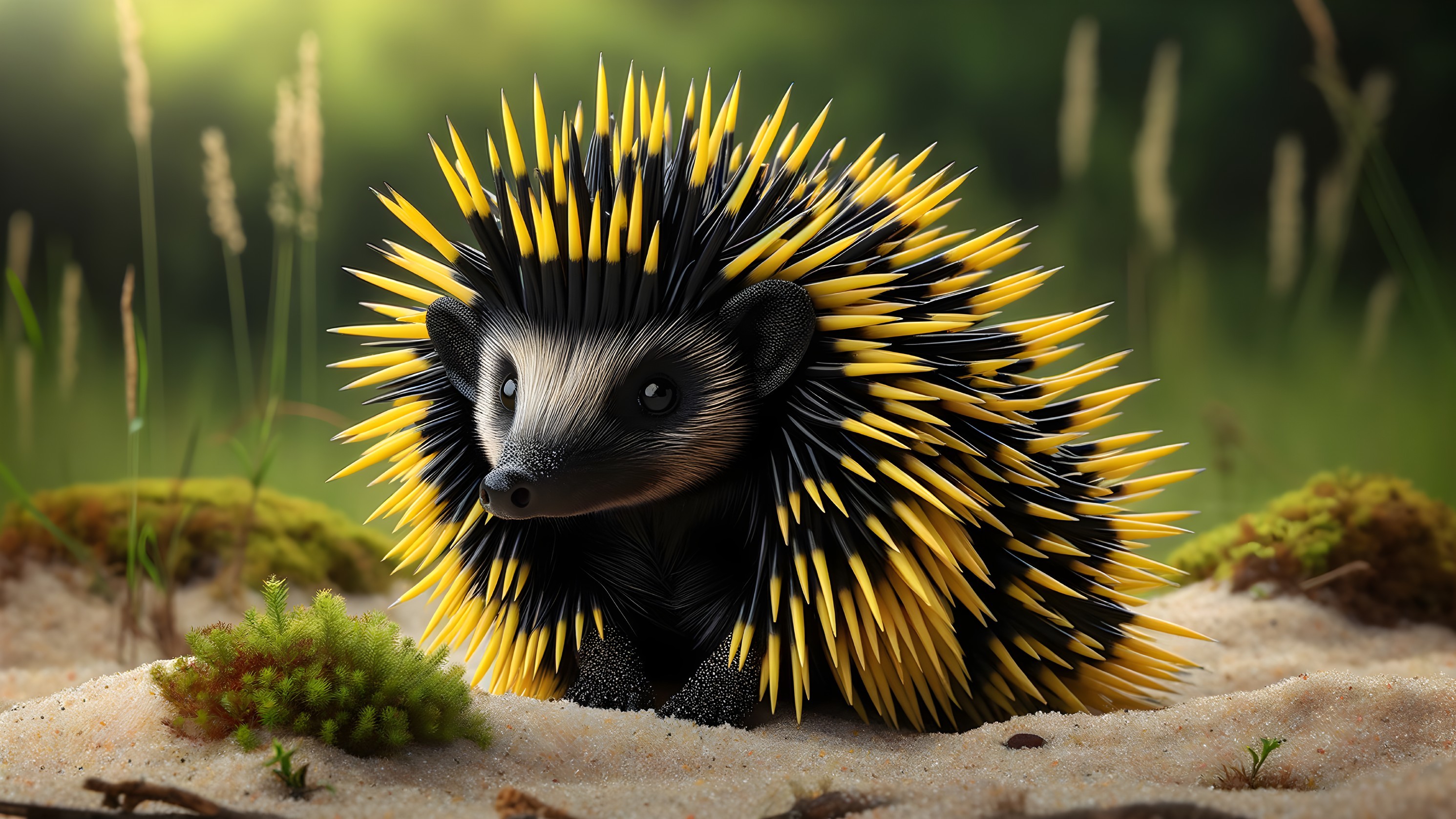 Whimsical Hedgehog with Black Fur and Yellow Spines
