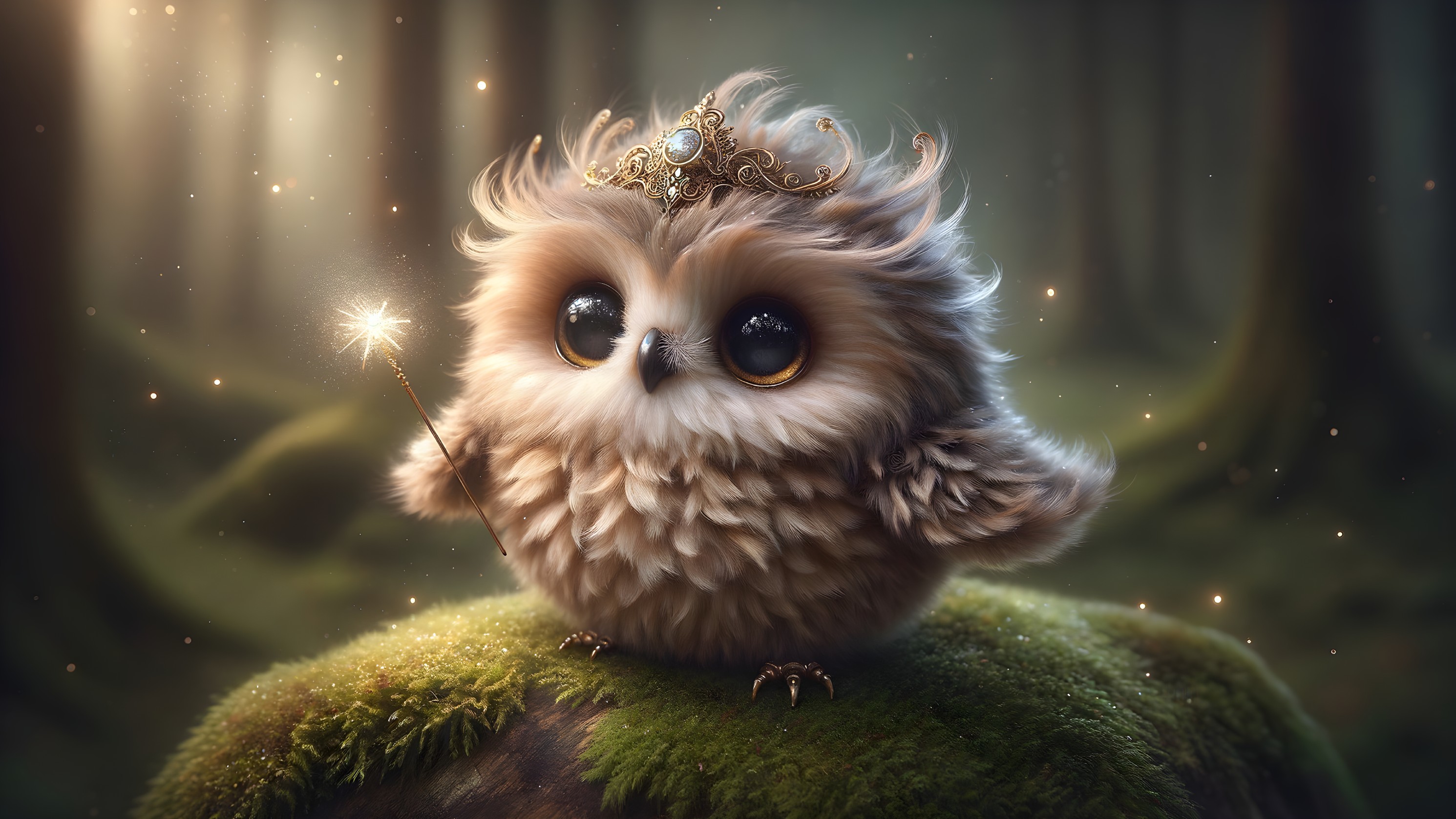 Fluffy owl with crown in a magical forest setting