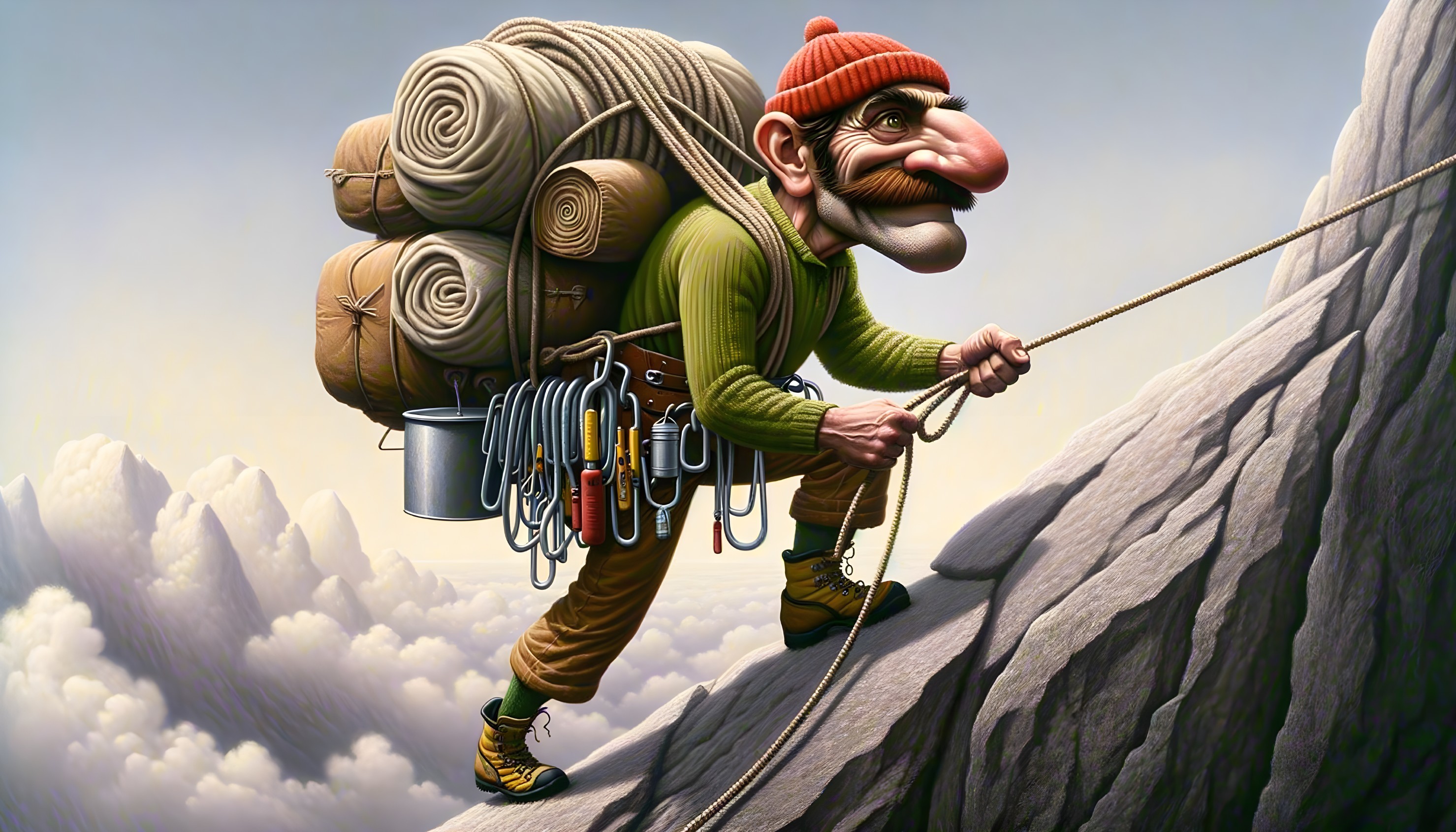 Mountain Climber Ascending Steep Cliff in Rugged Terrain
