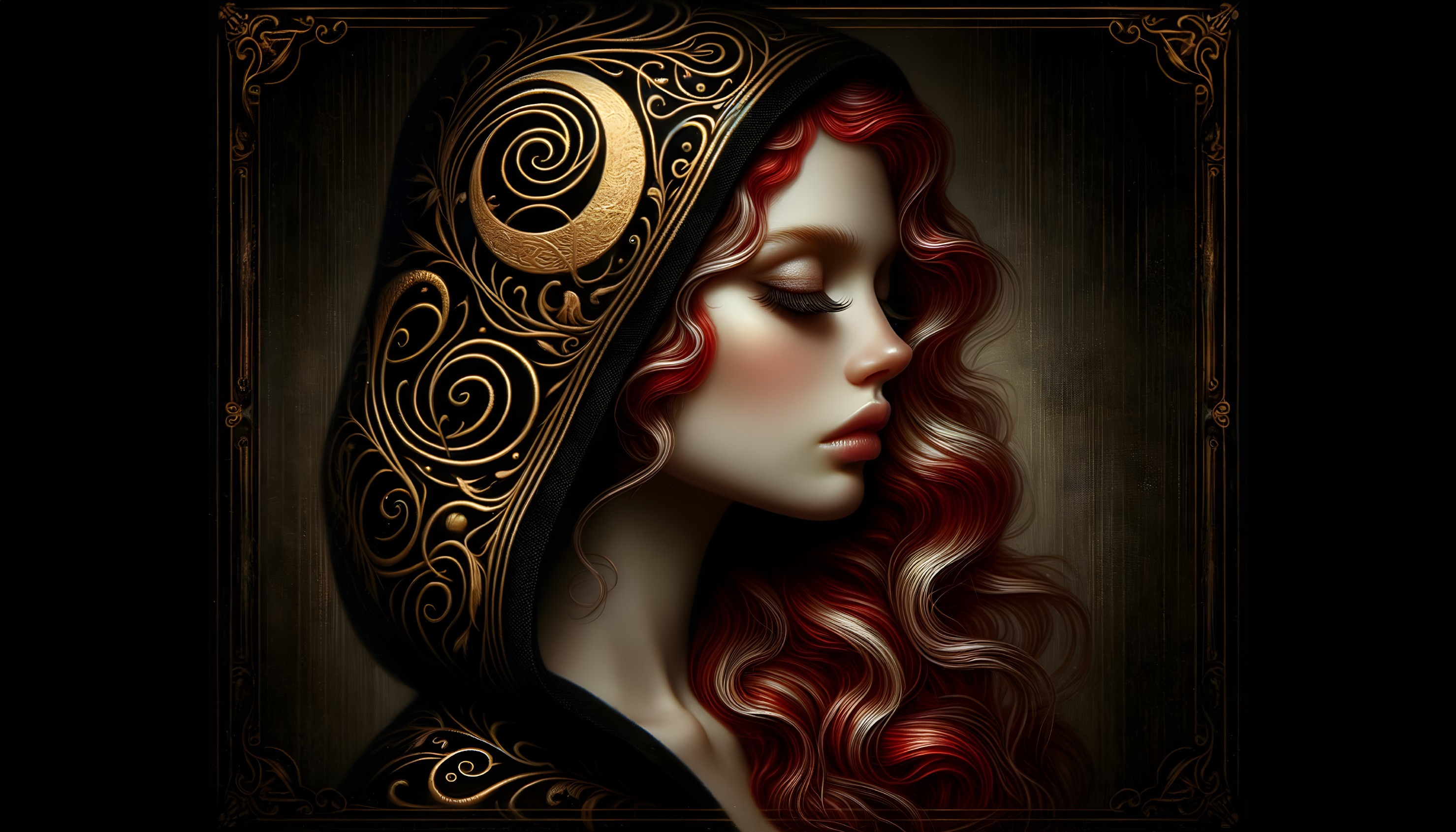 Side Profile of Woman with Curly Red Hair and Hood