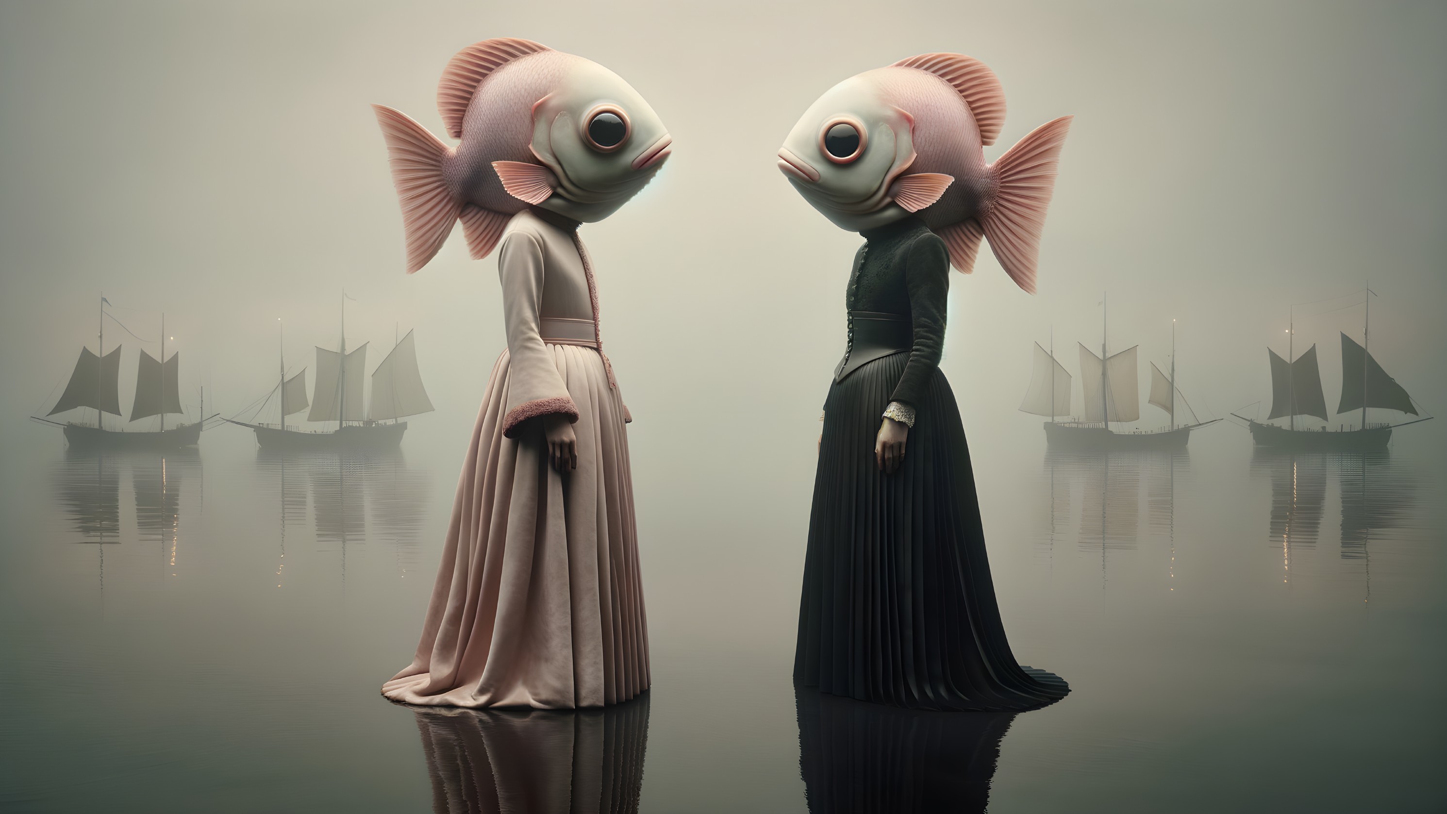 Surreal Scene of Figures with Fish Heads on Shoreline