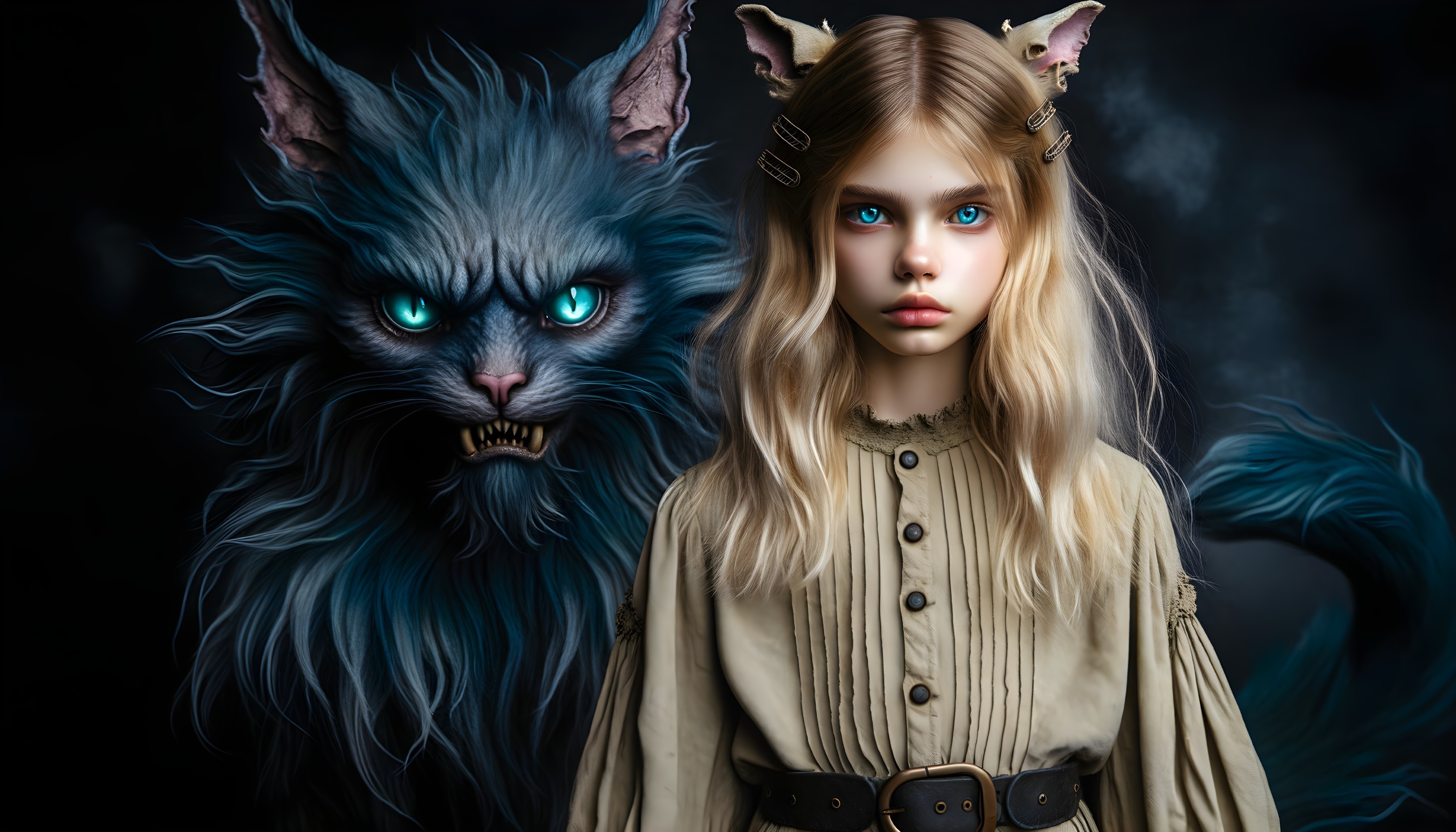 Young girl with blonde hair and menacing creature backdrop
