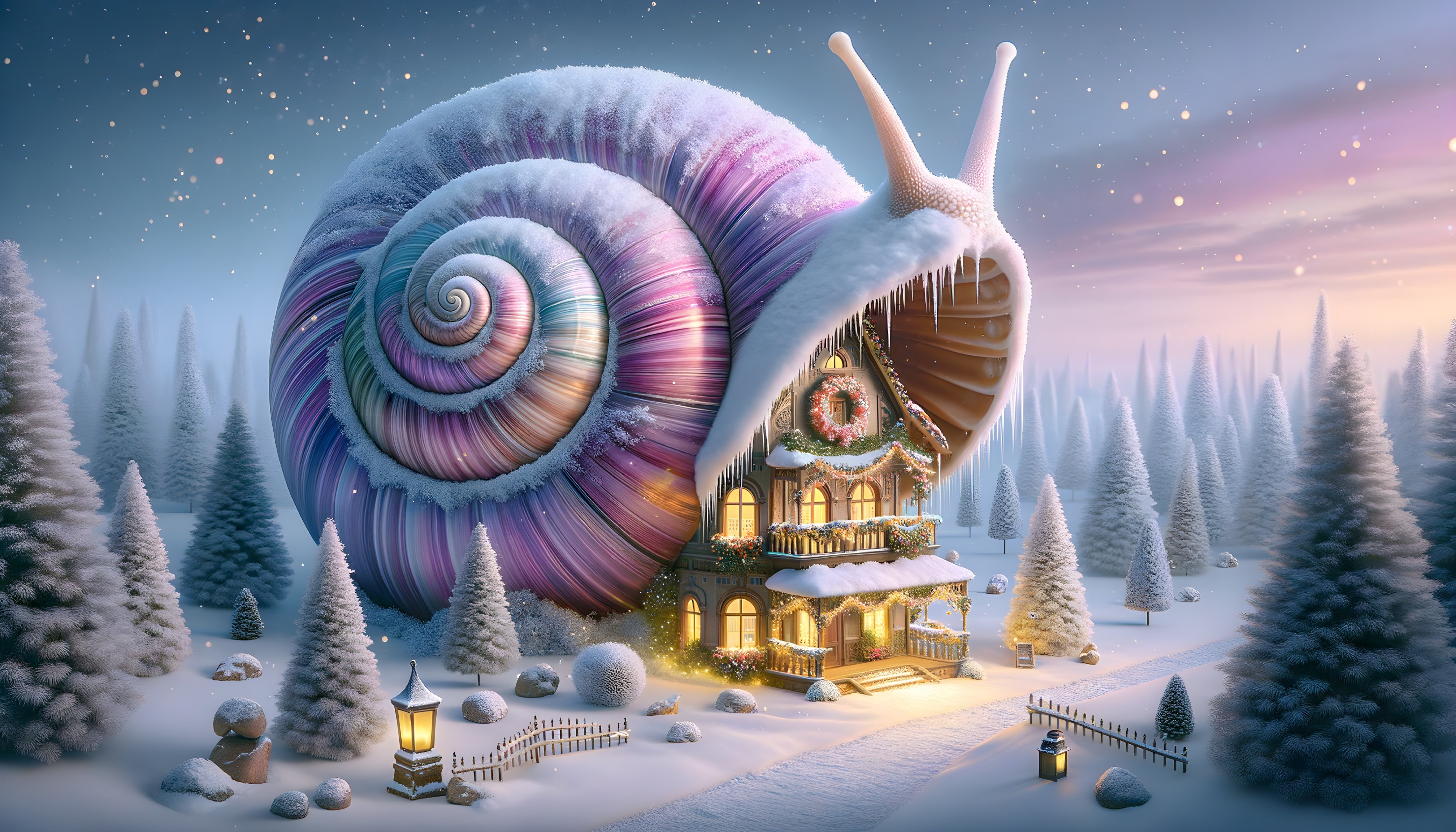Whimsical Winter Scene with Colorful Snail Home