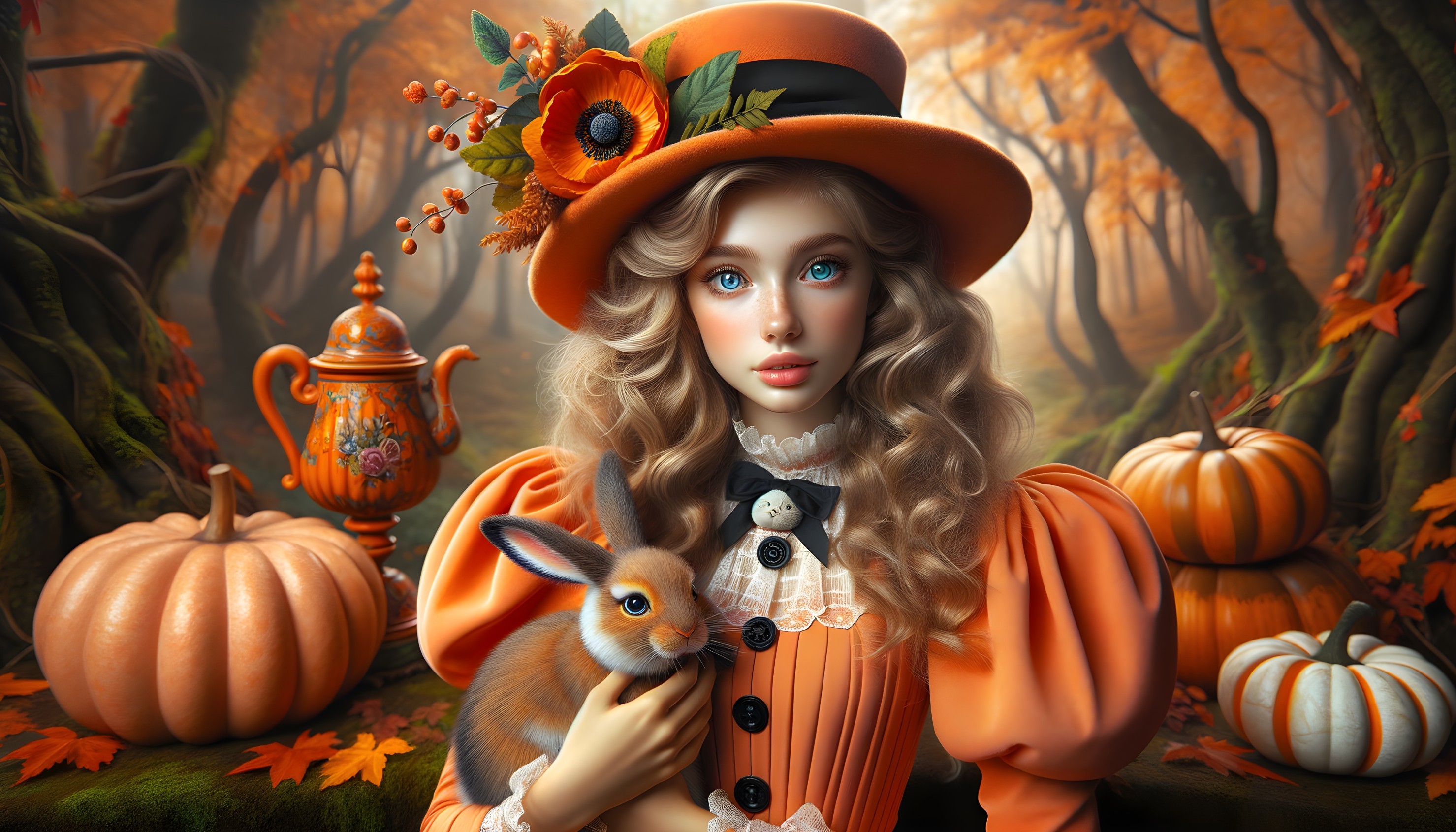 Young Woman with Rabbit in Autumn Setting