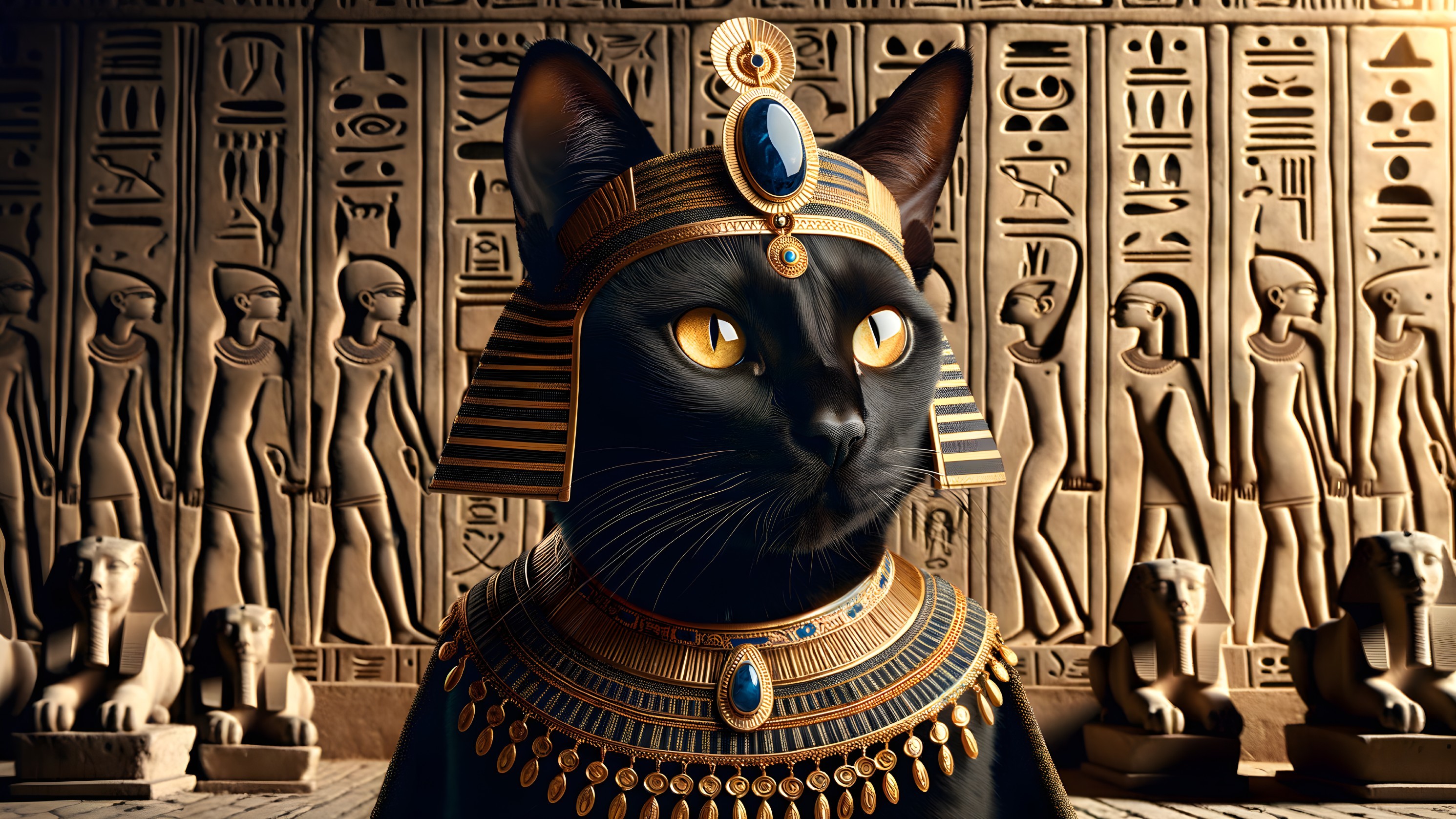 Regal Black Cat in Egyptian Headdress and Jewelry