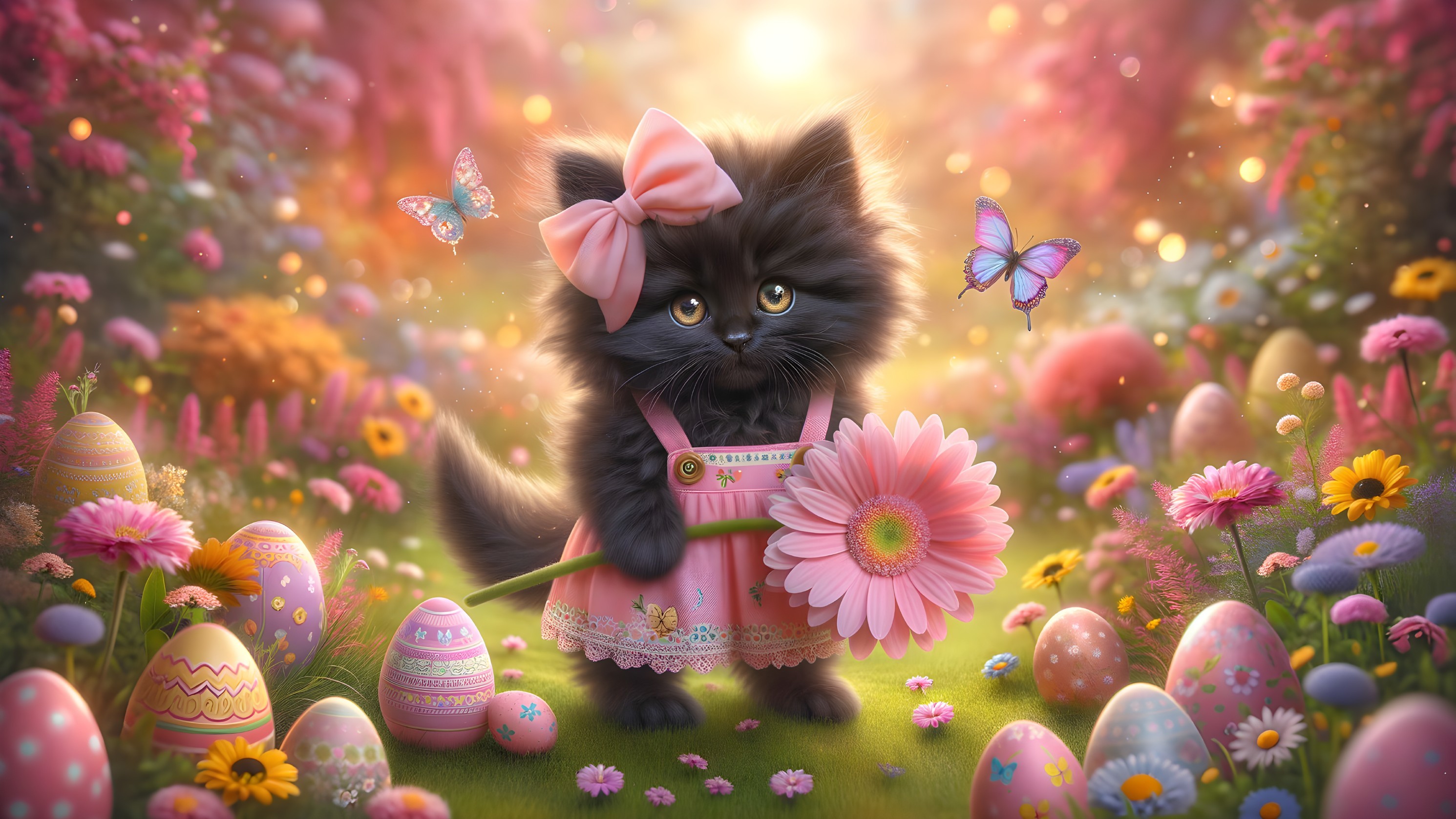 Whimsical Kitten in Colorful Spring Garden Scene