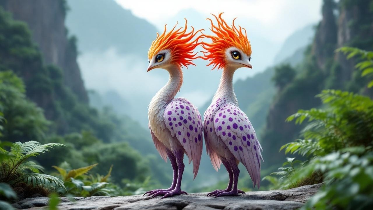 Fantastical birds in a vibrant mountainous landscape