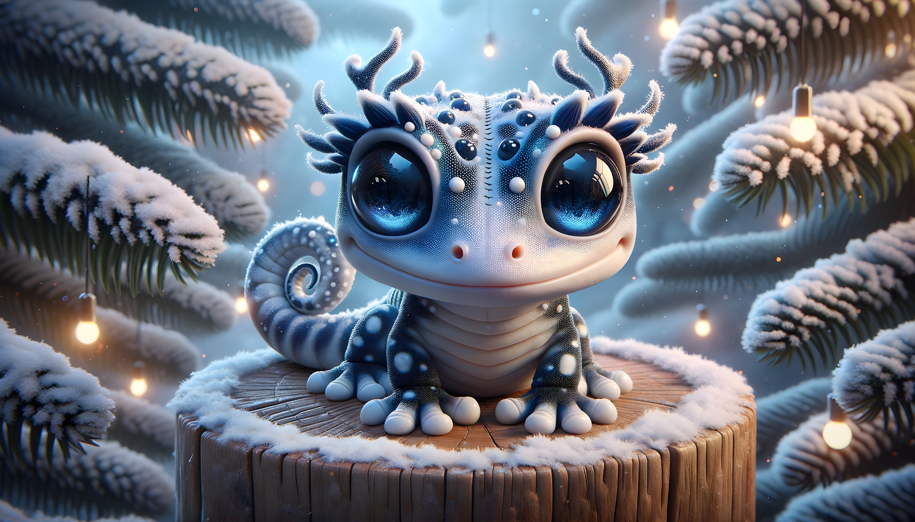 Whimsical Creature on Stump in Snowy Forest Setting