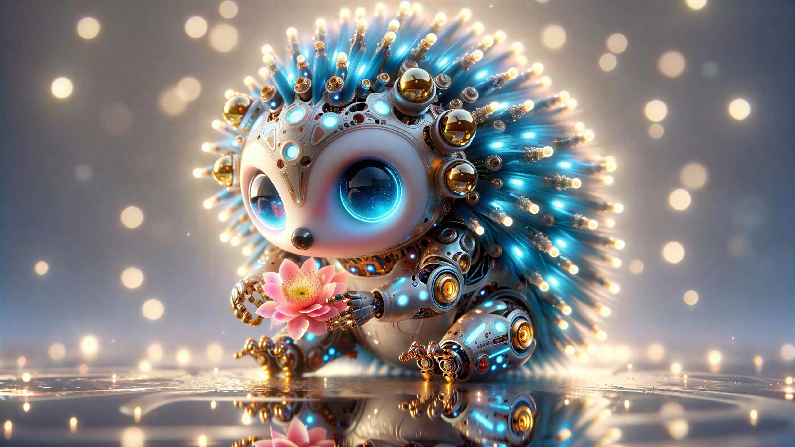 Robotic Baby Hedgehog with Blue Eyes and Flower