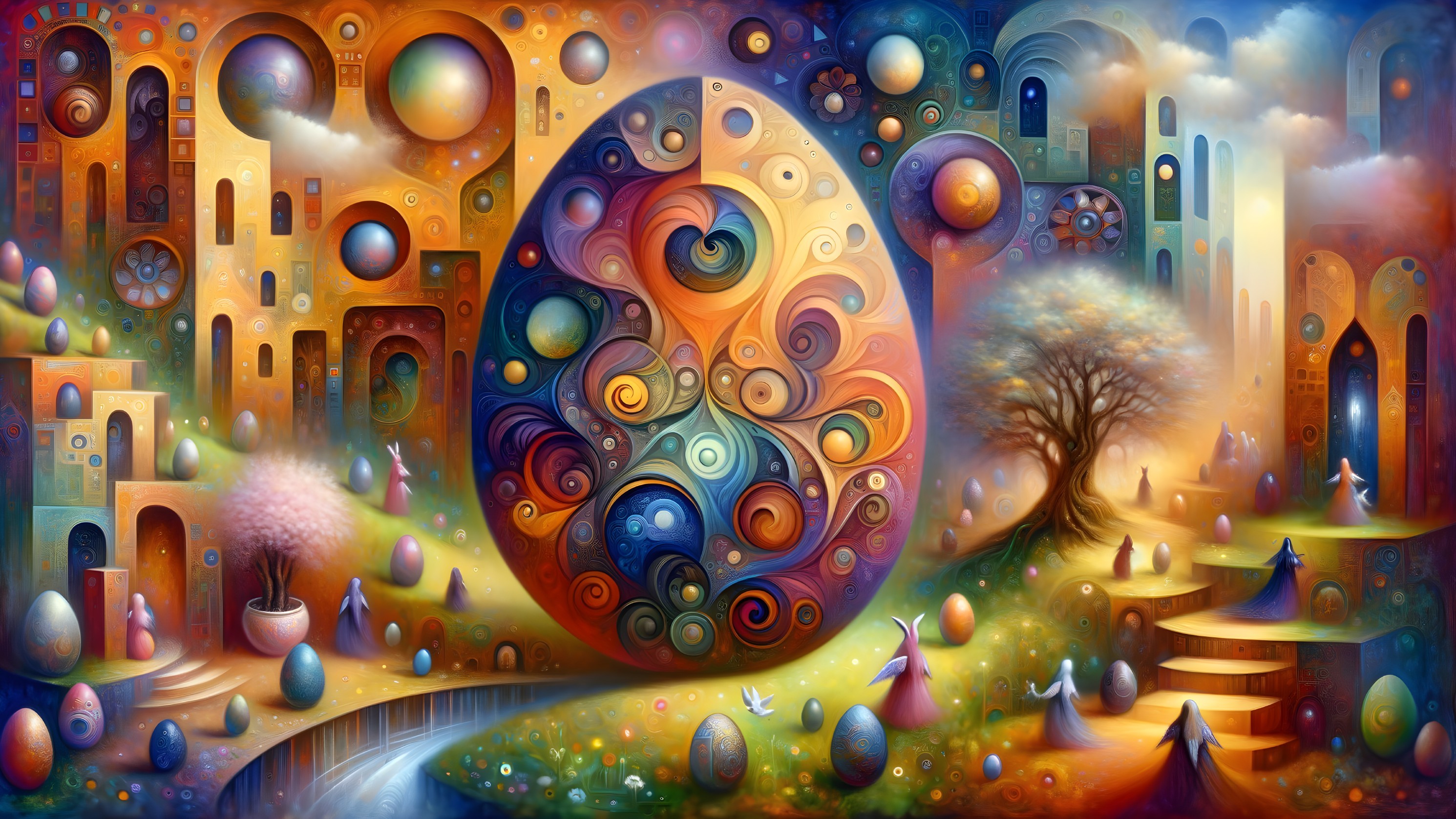 Vibrant Whimsical Landscape with Ornate Eggs and Flora