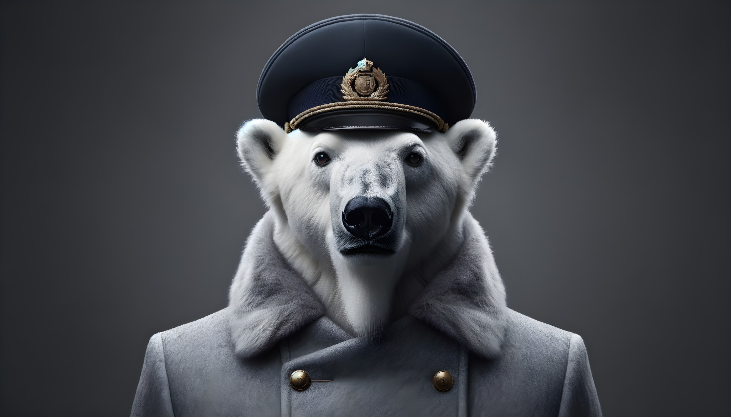 Polar bear in naval officer cap and military coat
