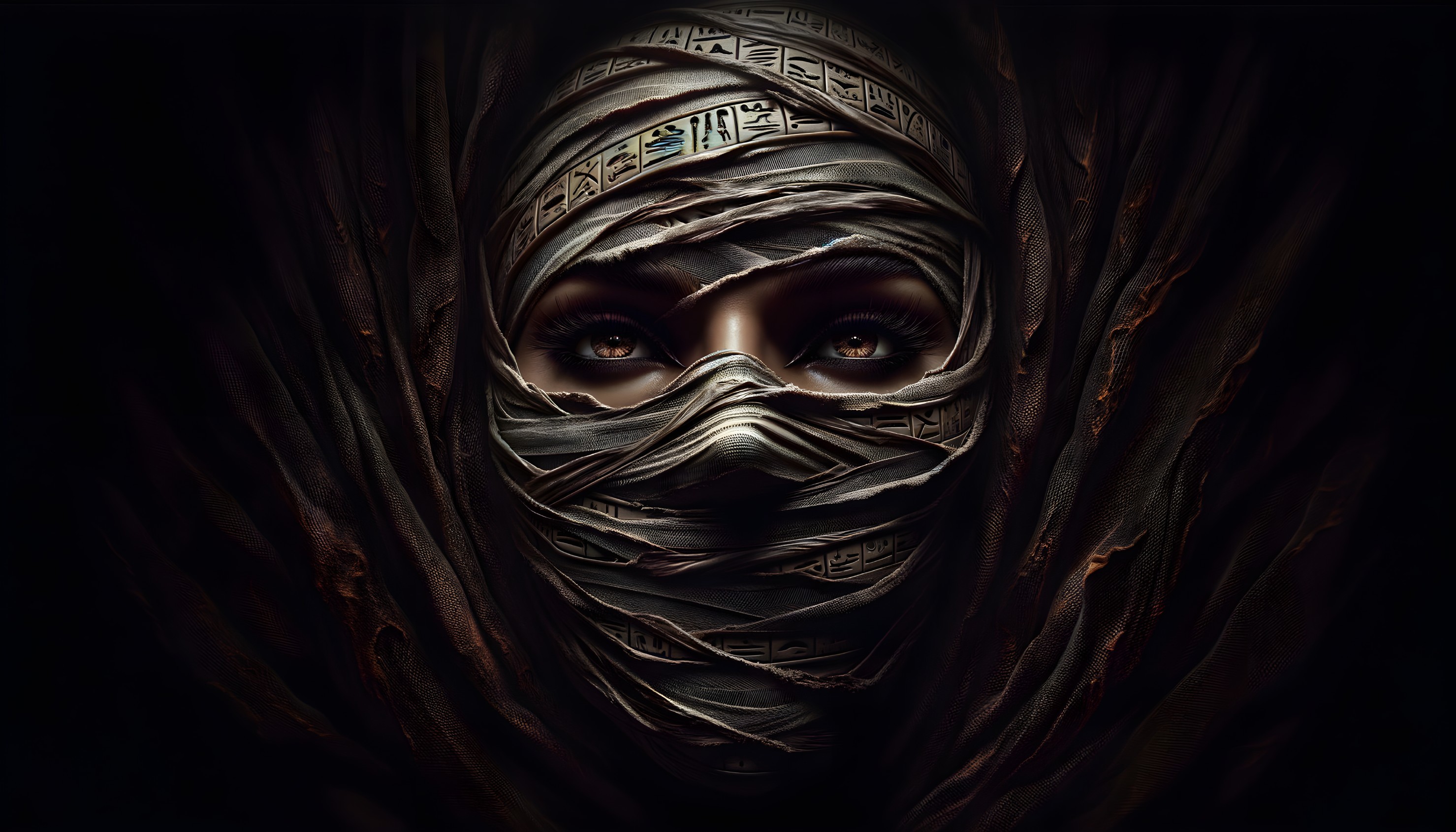 Mysterious figure wrapped in bandages with hieroglyphs