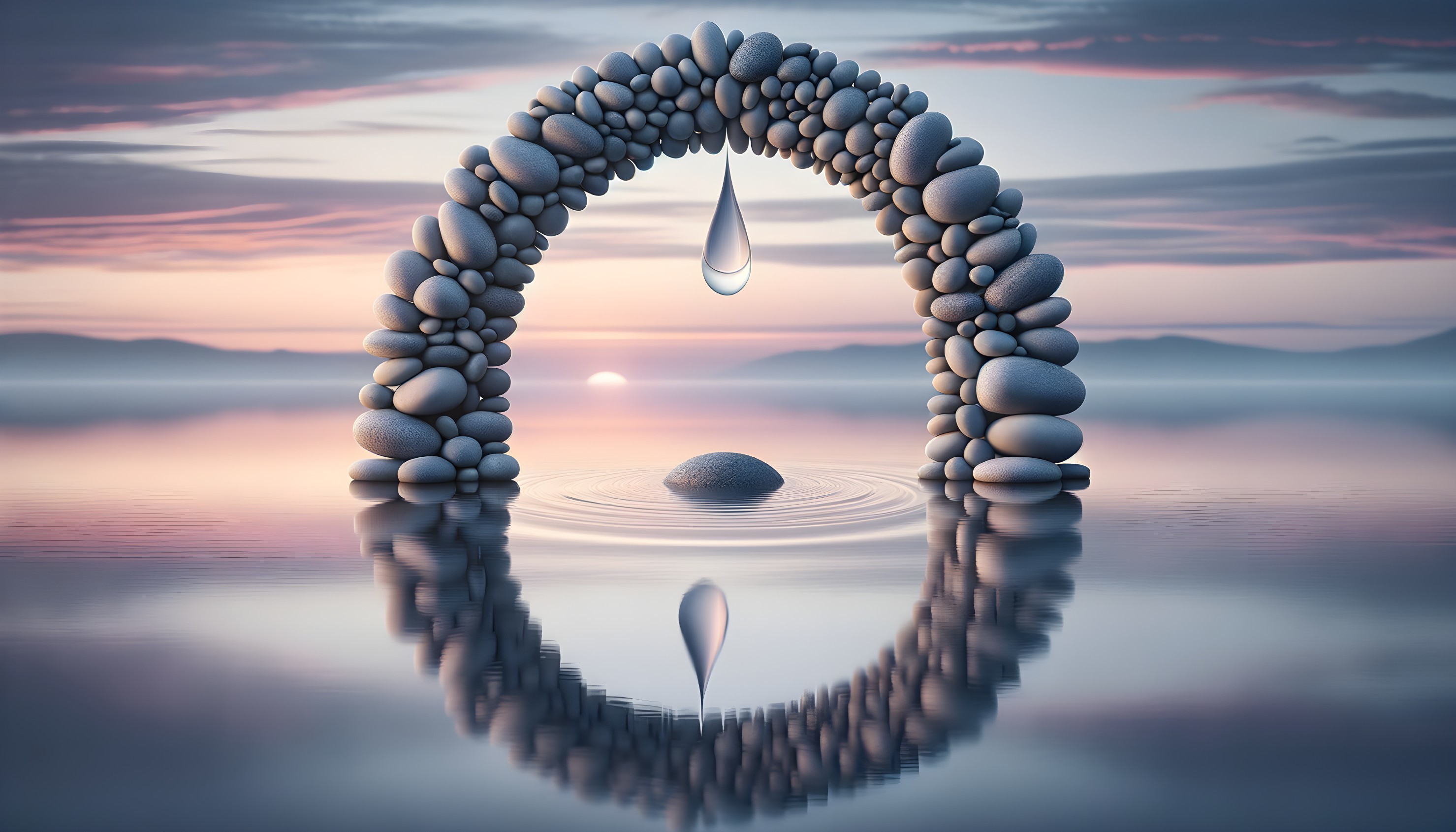 Serene Landscape with Pebble Arch and Sunset Reflections