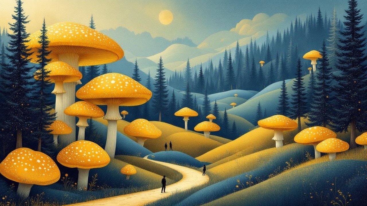 Whimsical Landscape with Orange Mushrooms and Hills
