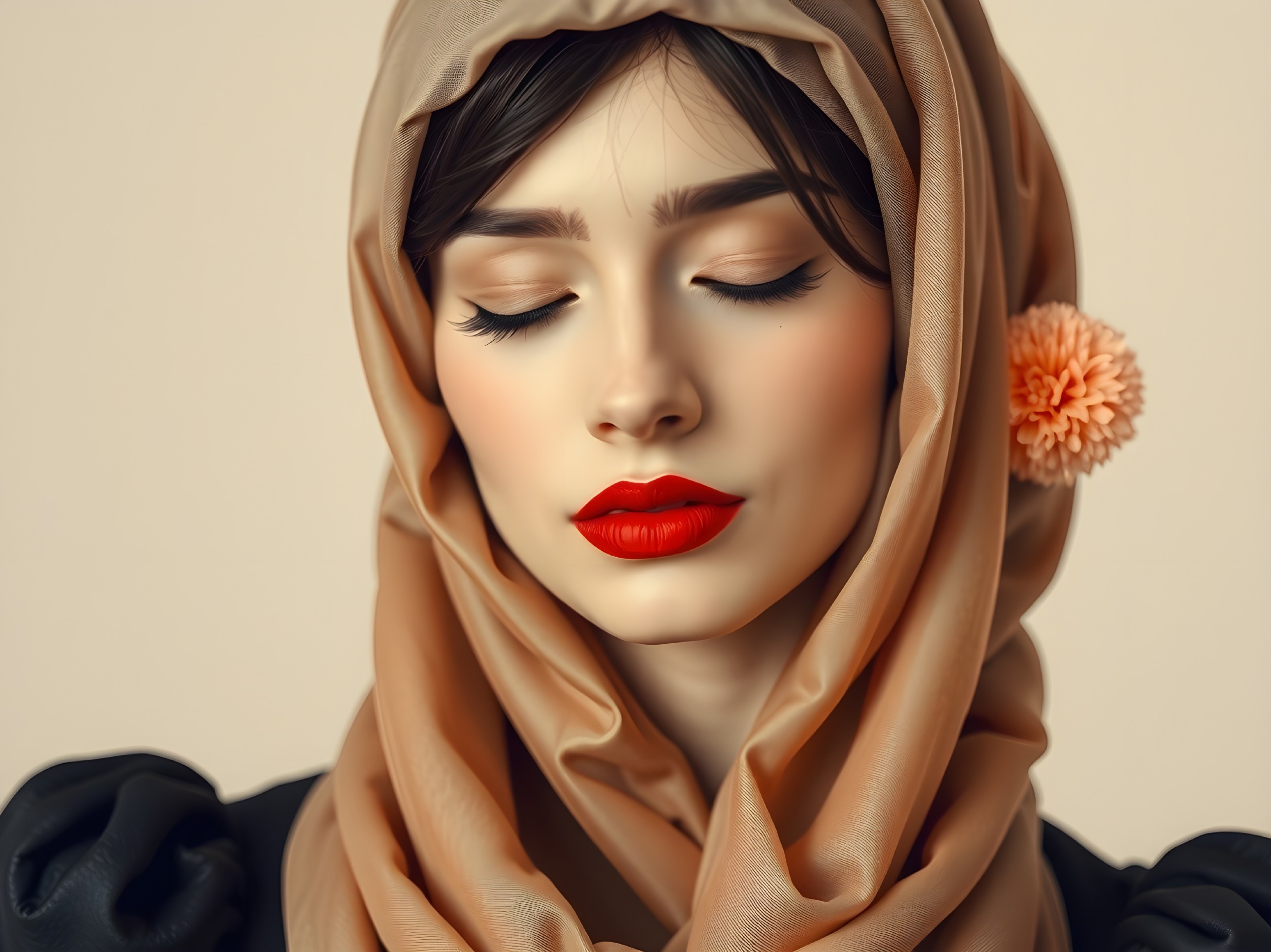 Close-Up Portrait of Woman in Beige Hijab with Makeup