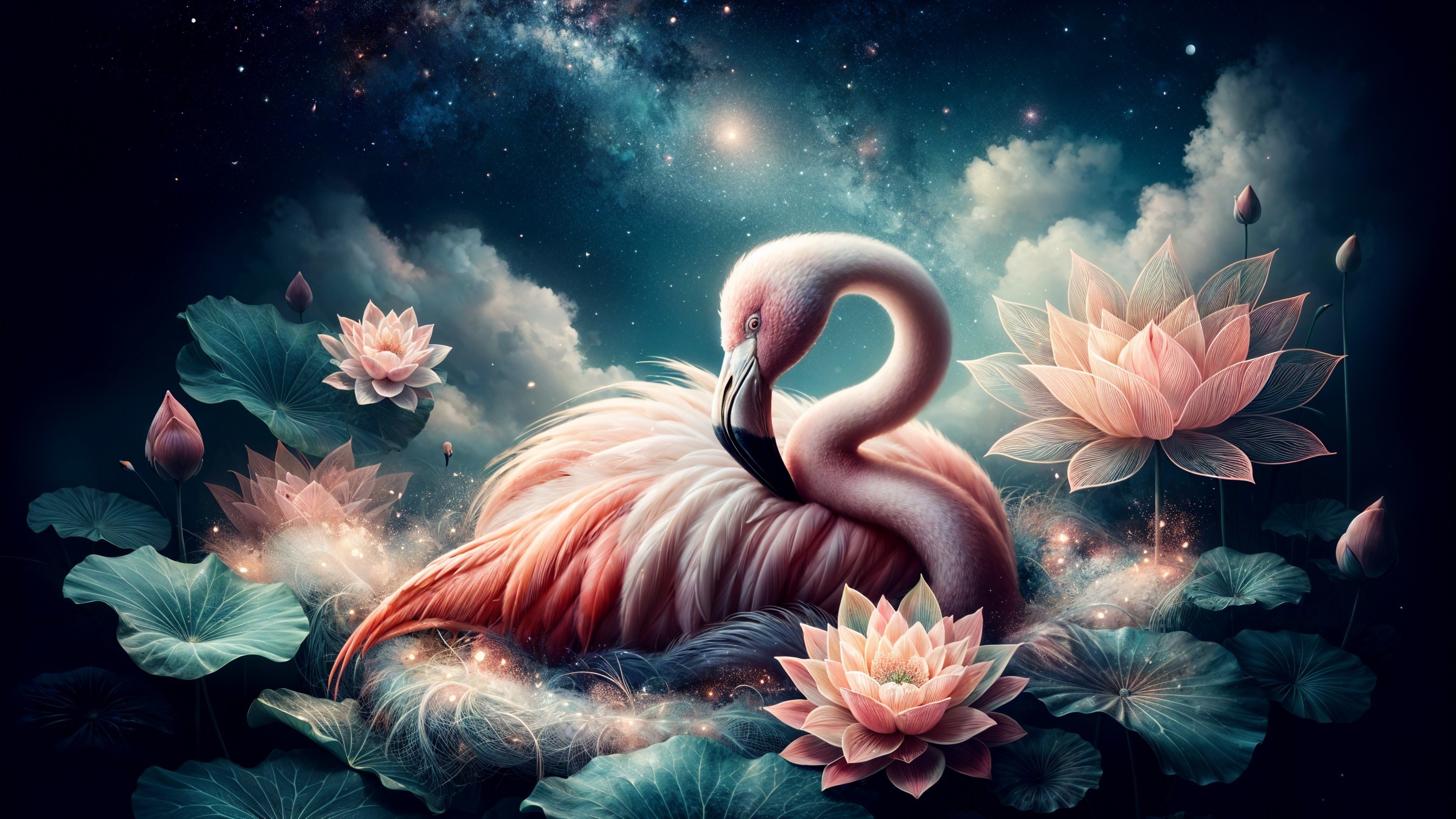 Flamingo Among Pink Lotus Flowers in Starry Scene