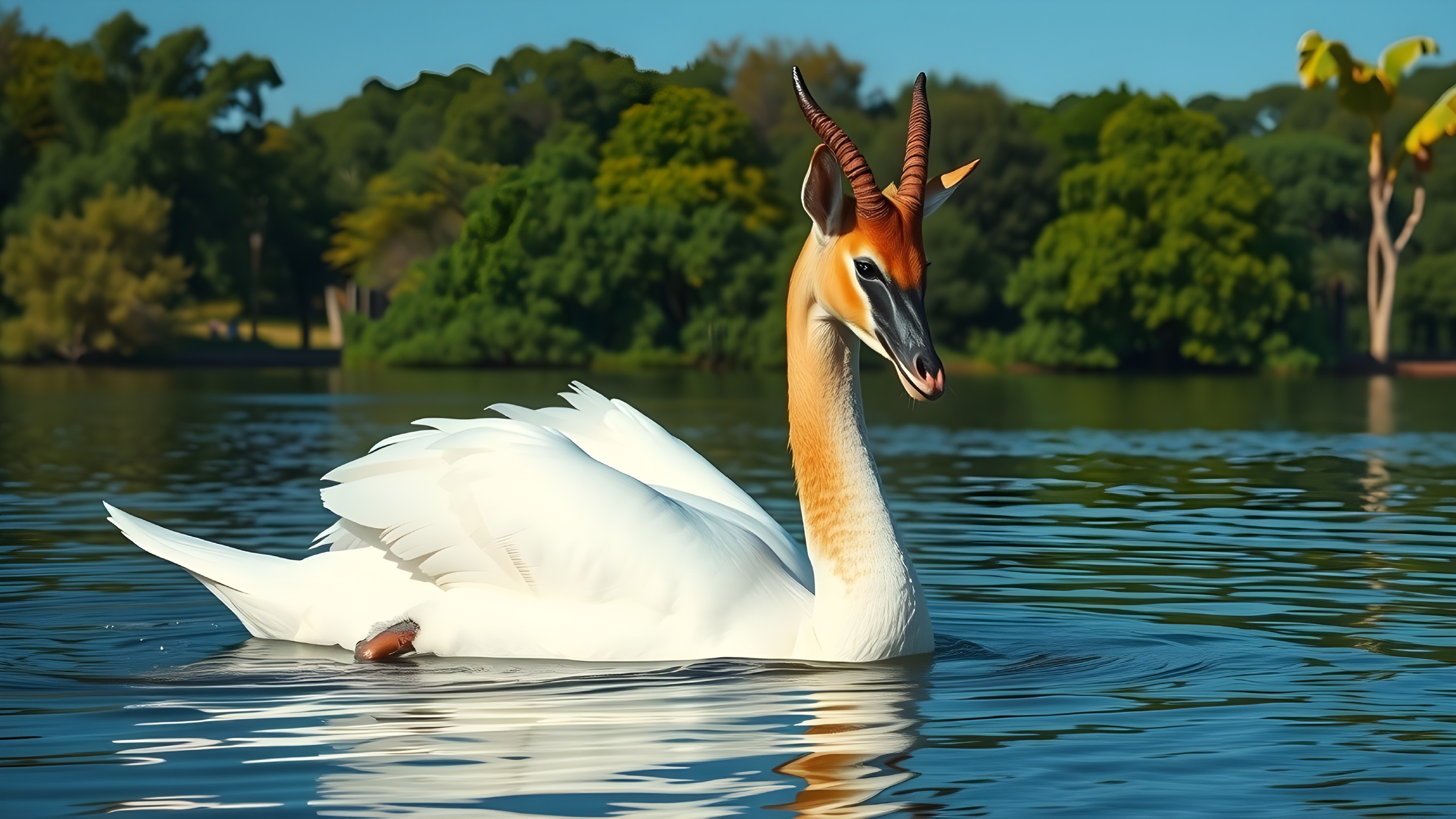 Swan with Antler Features on a Calm Lake Scene