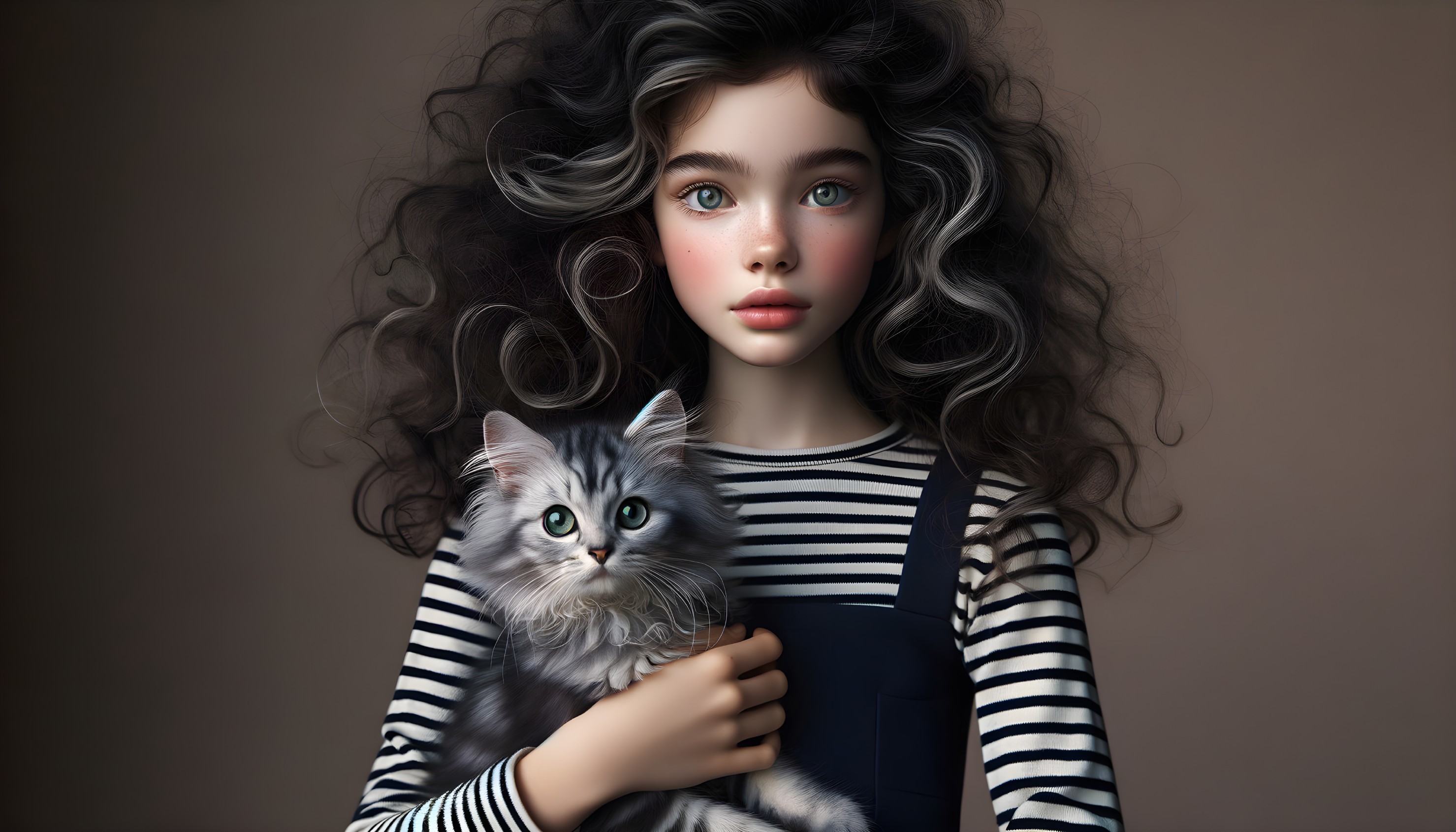 Young girl with curly hair holding a gray kitten