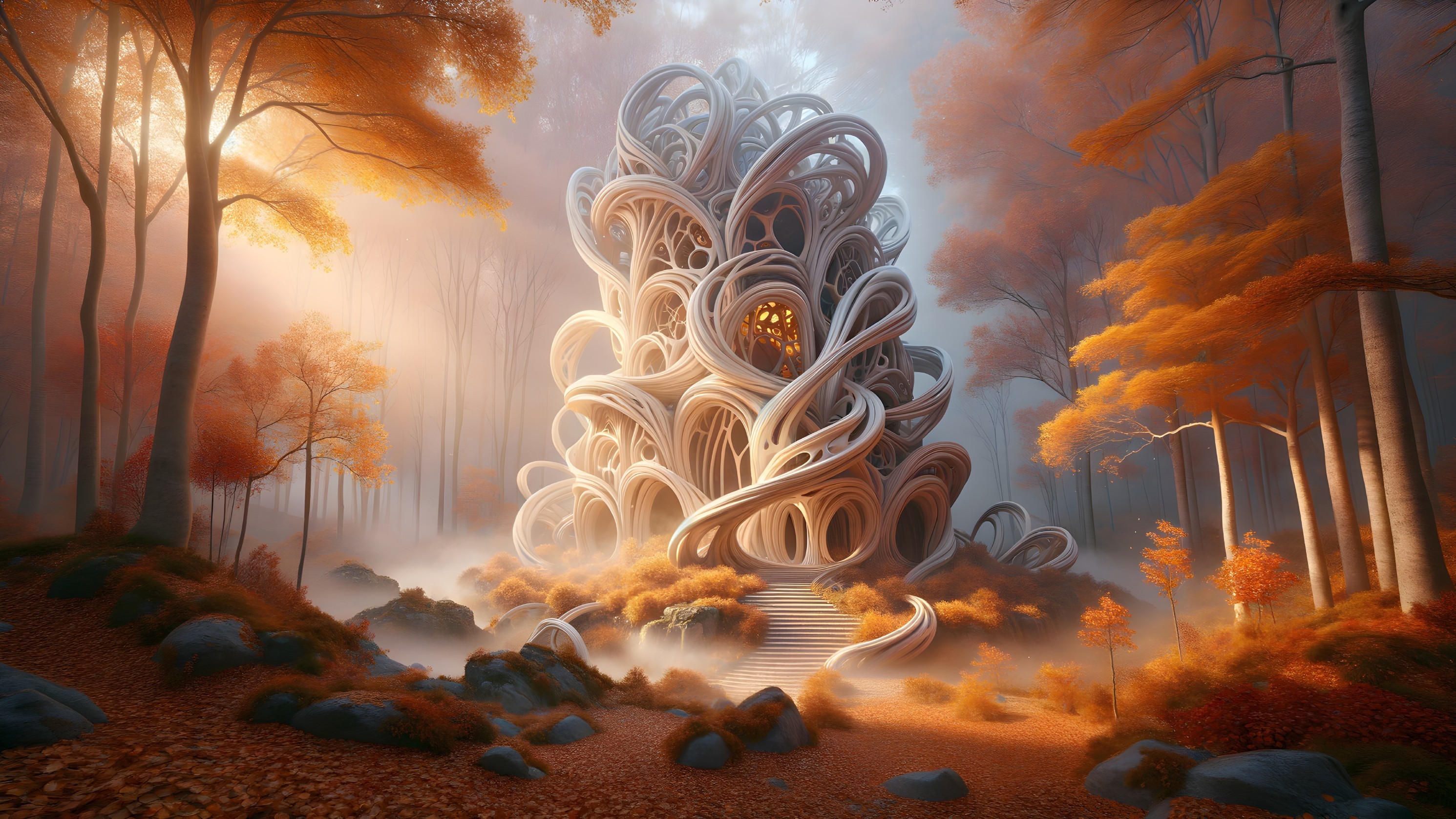 Surreal Structure Among Autumn Trees with Mist