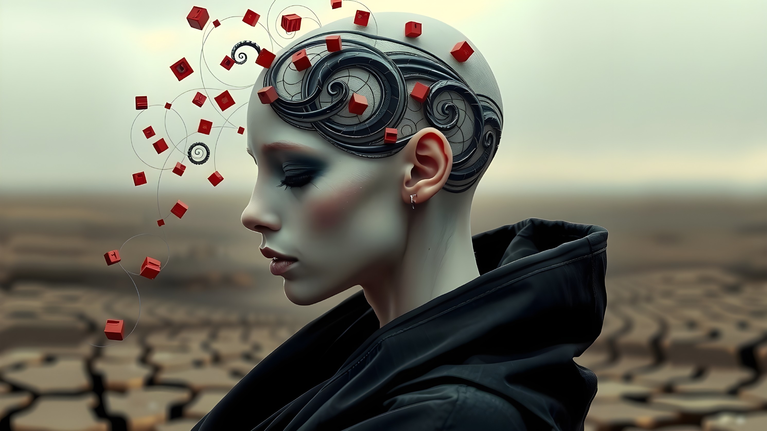 Surreal Figure with Patterns and Floating Red Cubes