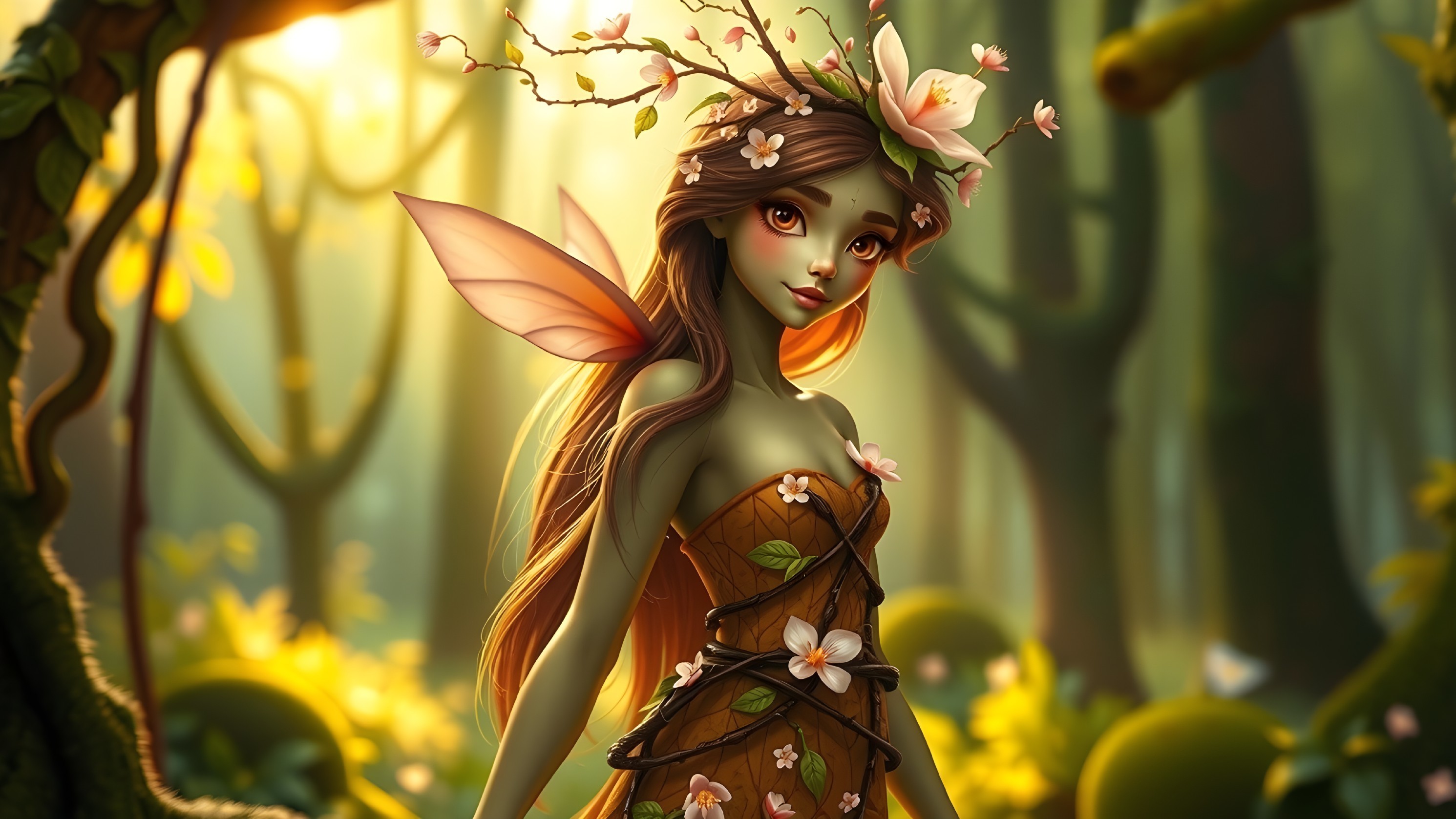 Fairy with Leaf-Shaped Wings in Enchanted Forest
