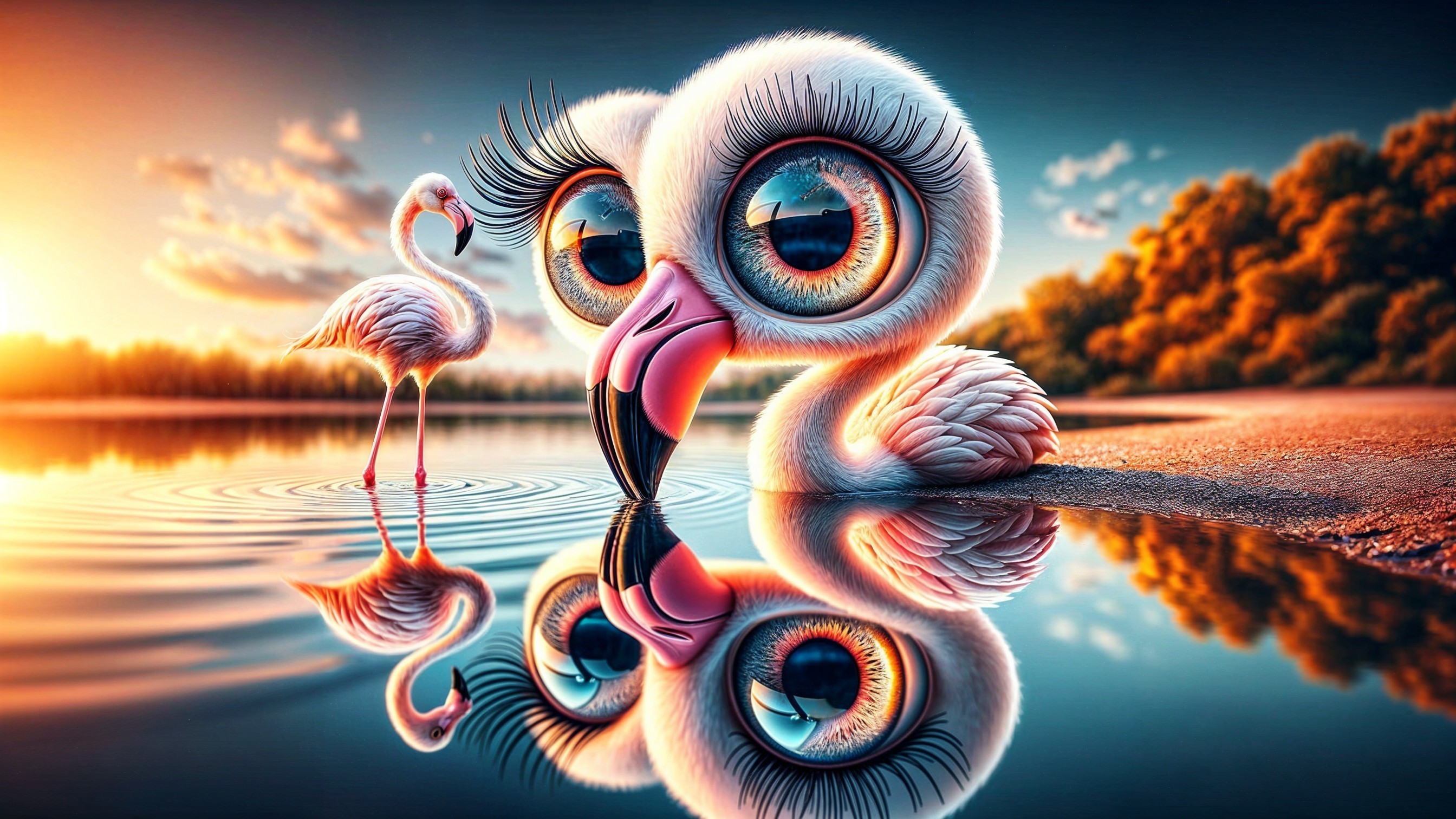 Cartoon Flamingo Scene at a Serene Lake Sunset