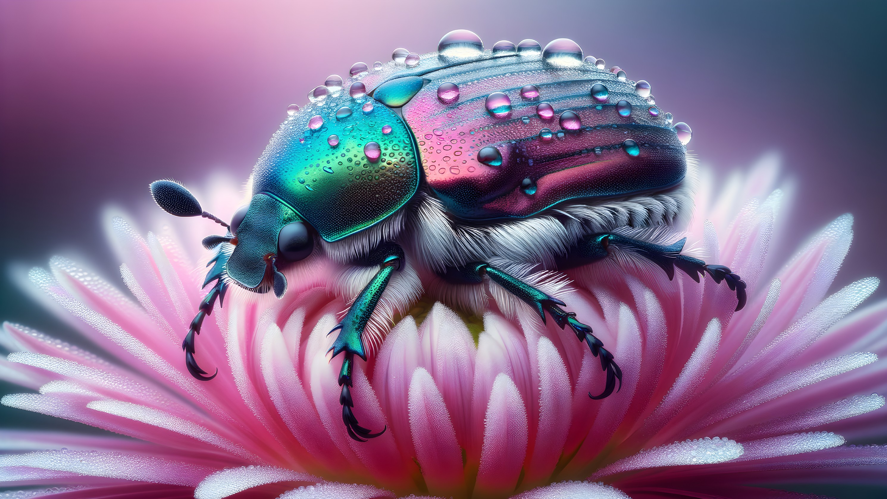 Iridescent Beetle on Pink Flower with Water Droplets