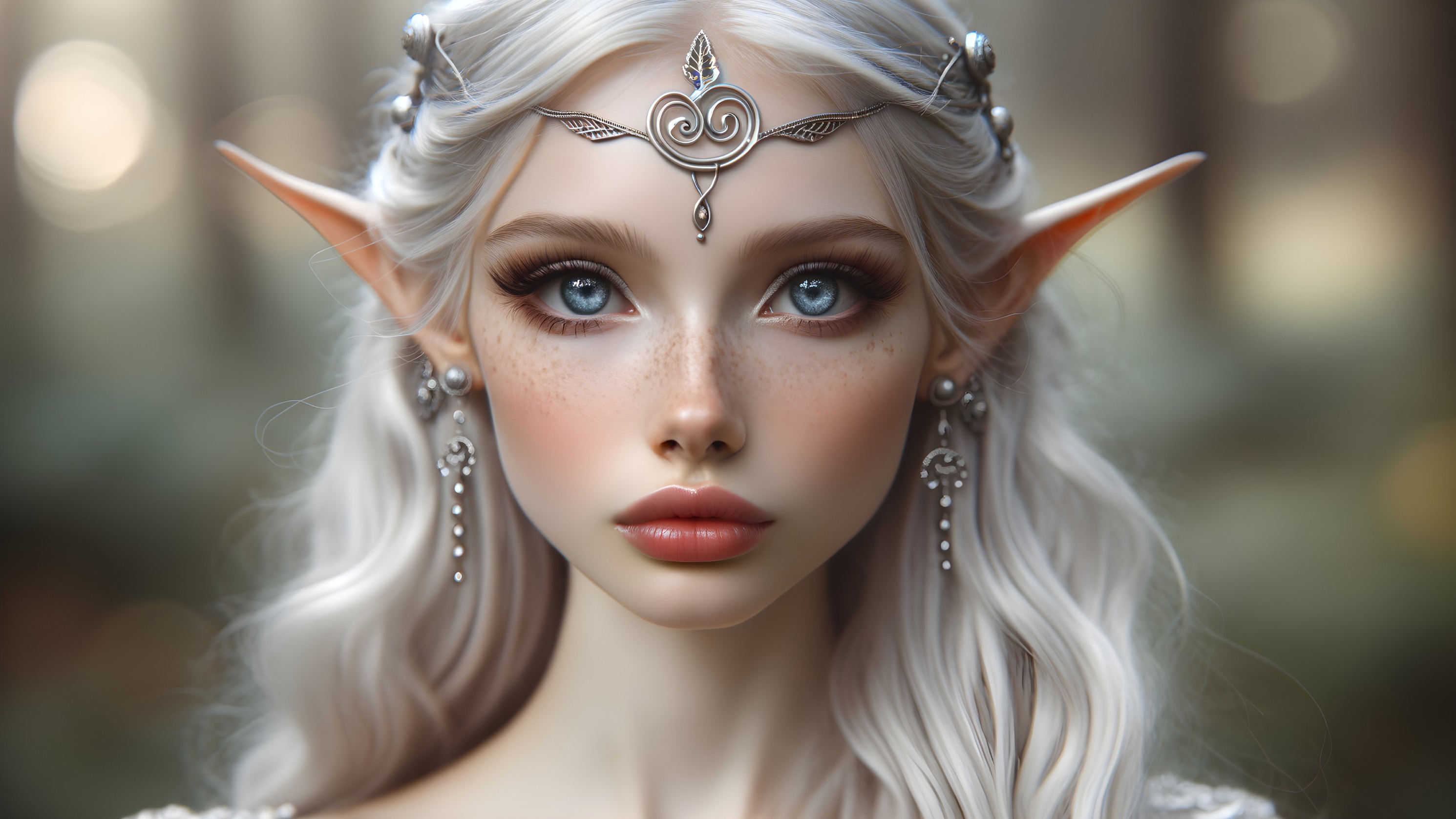 Fairy-like figure with silver hair and blue eyes