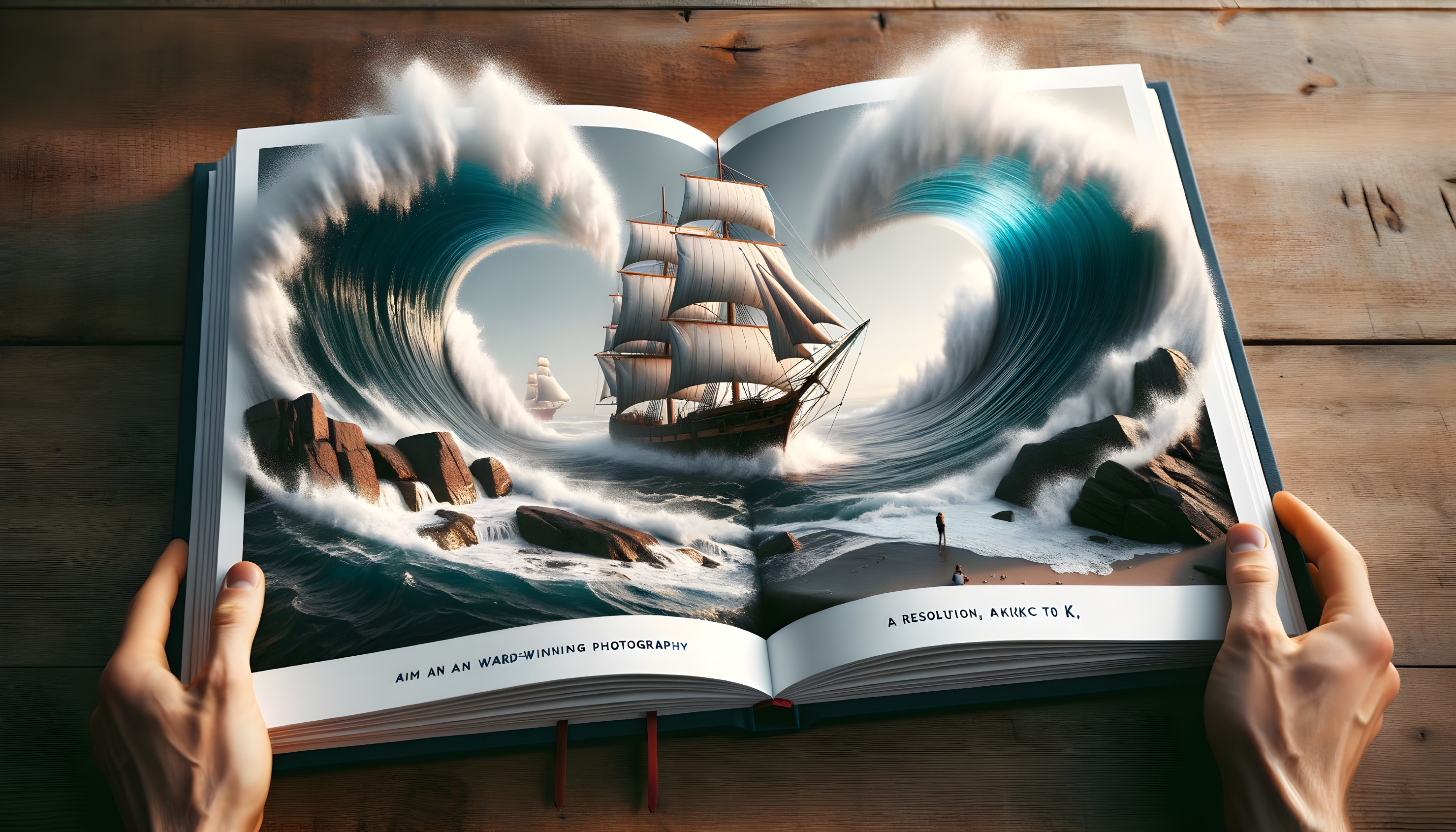 Open Book Depicting Waves and Ship on Wooden Surface