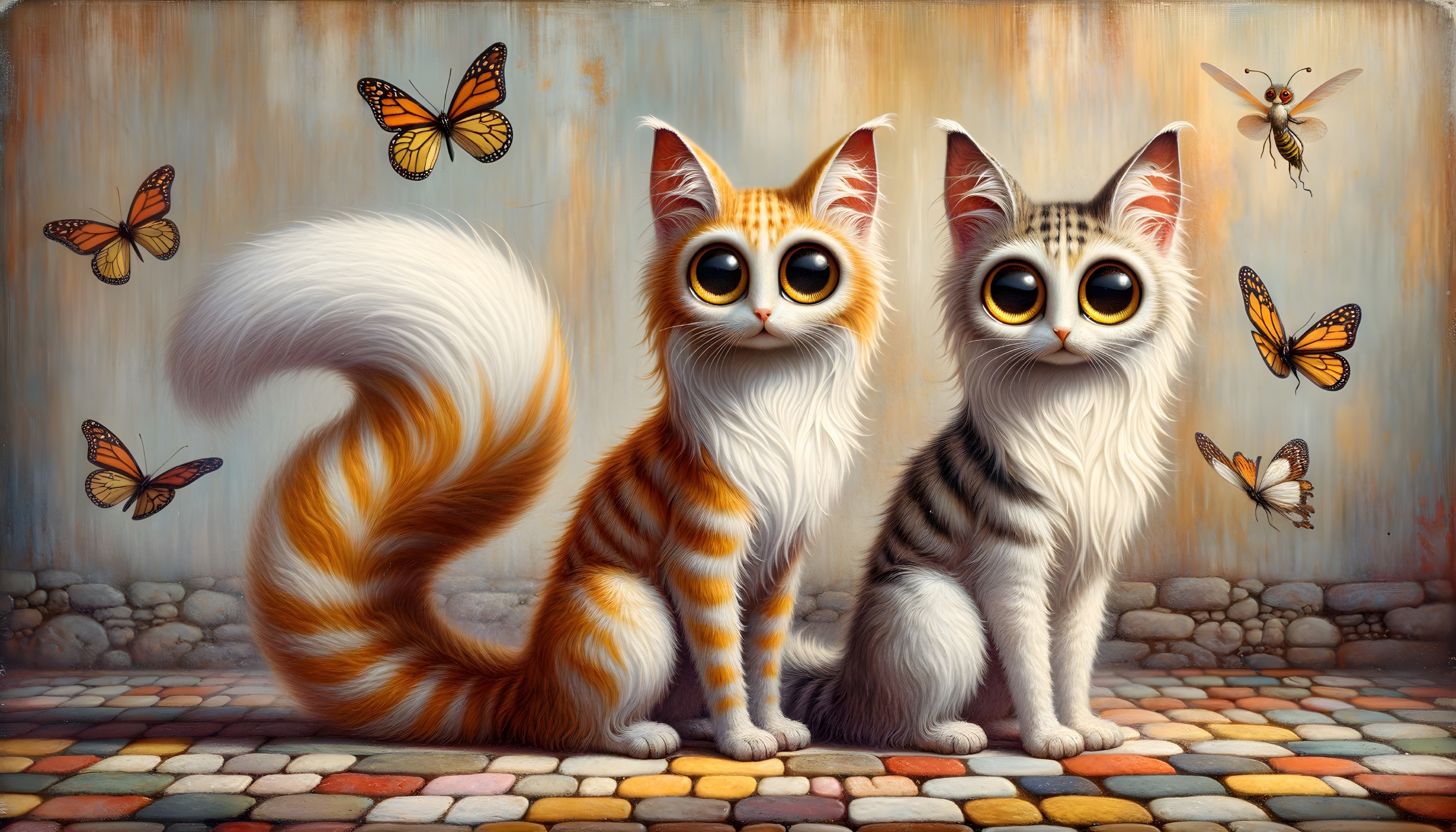 Cartoon Cats with Butterflies on Soft Background