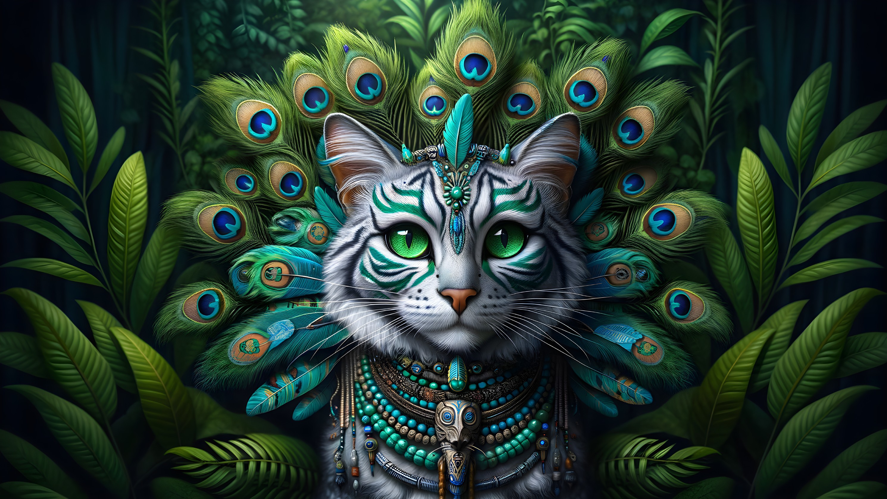 White Tiger with Peacock Feather Headdress and Jewelry