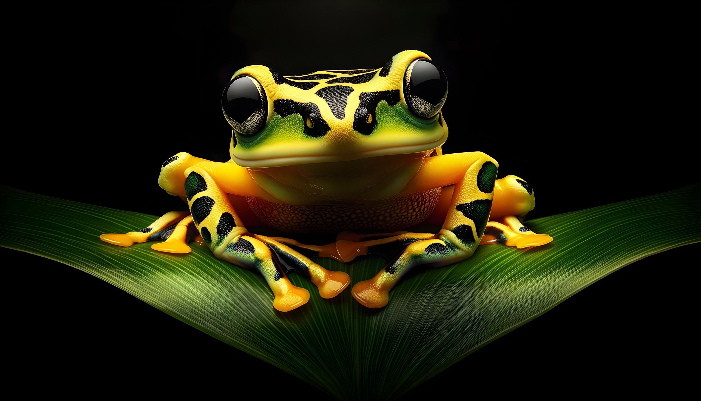 Vibrant Green and Yellow Frog on Lush Green Leaf