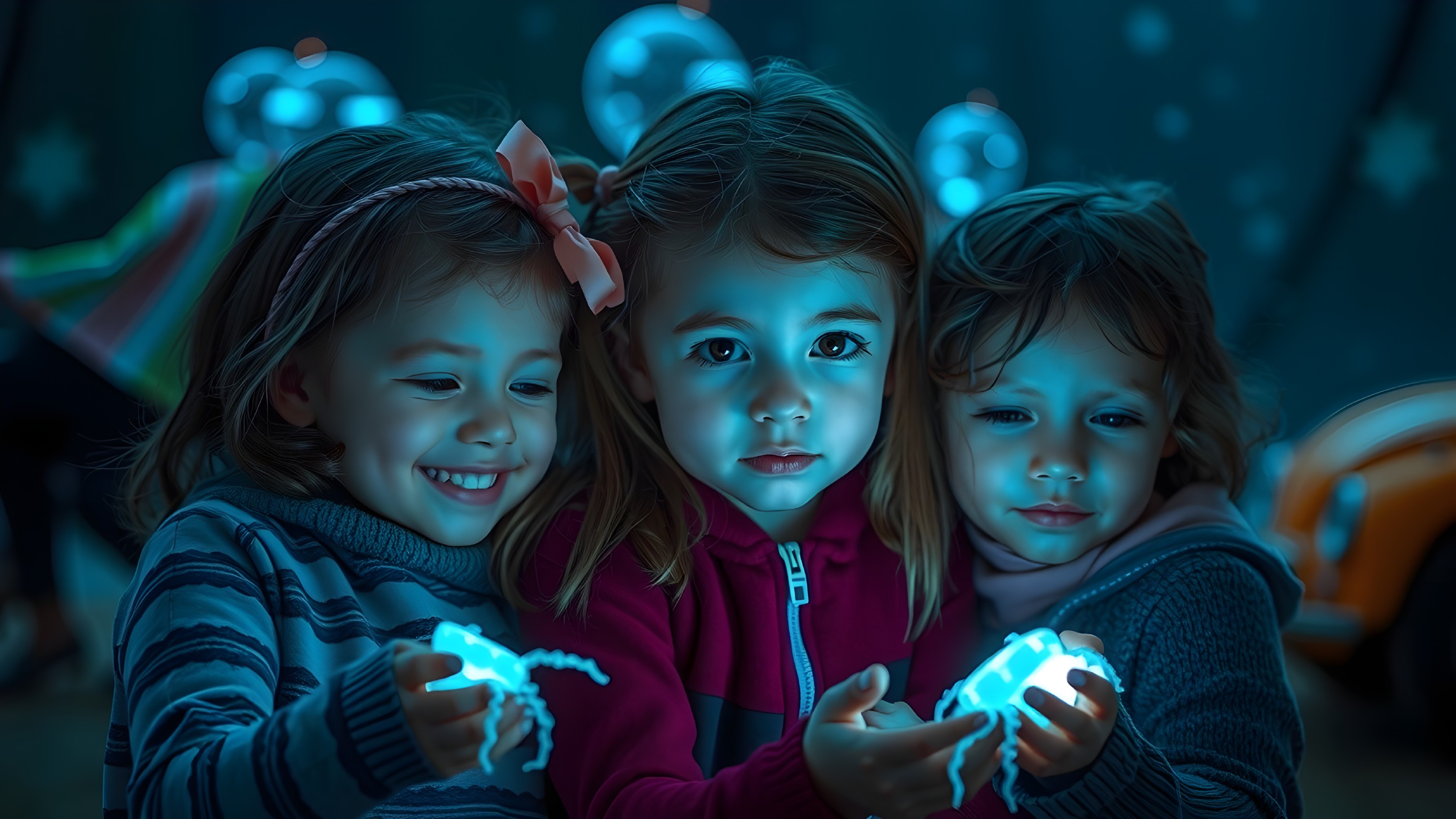 Young girls with glowing orbs in whimsical setting