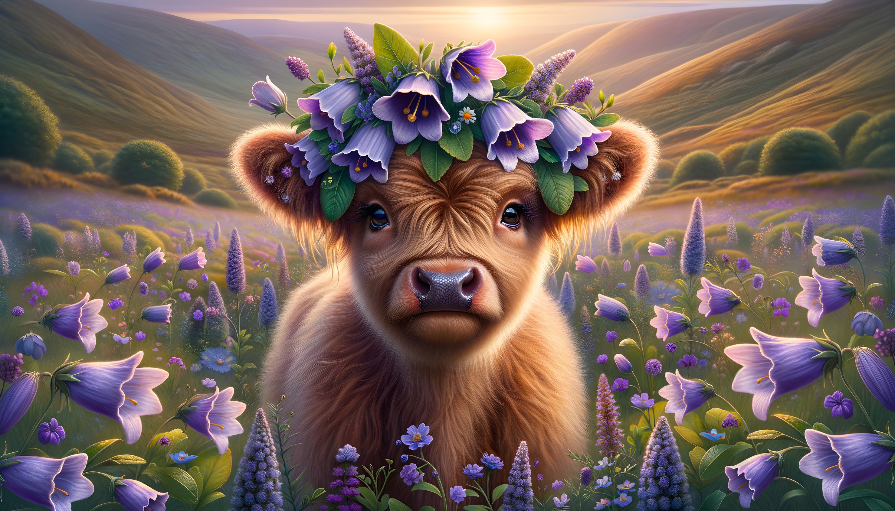 Fluffy Calf in Flower-Filled Meadow with Sunlight