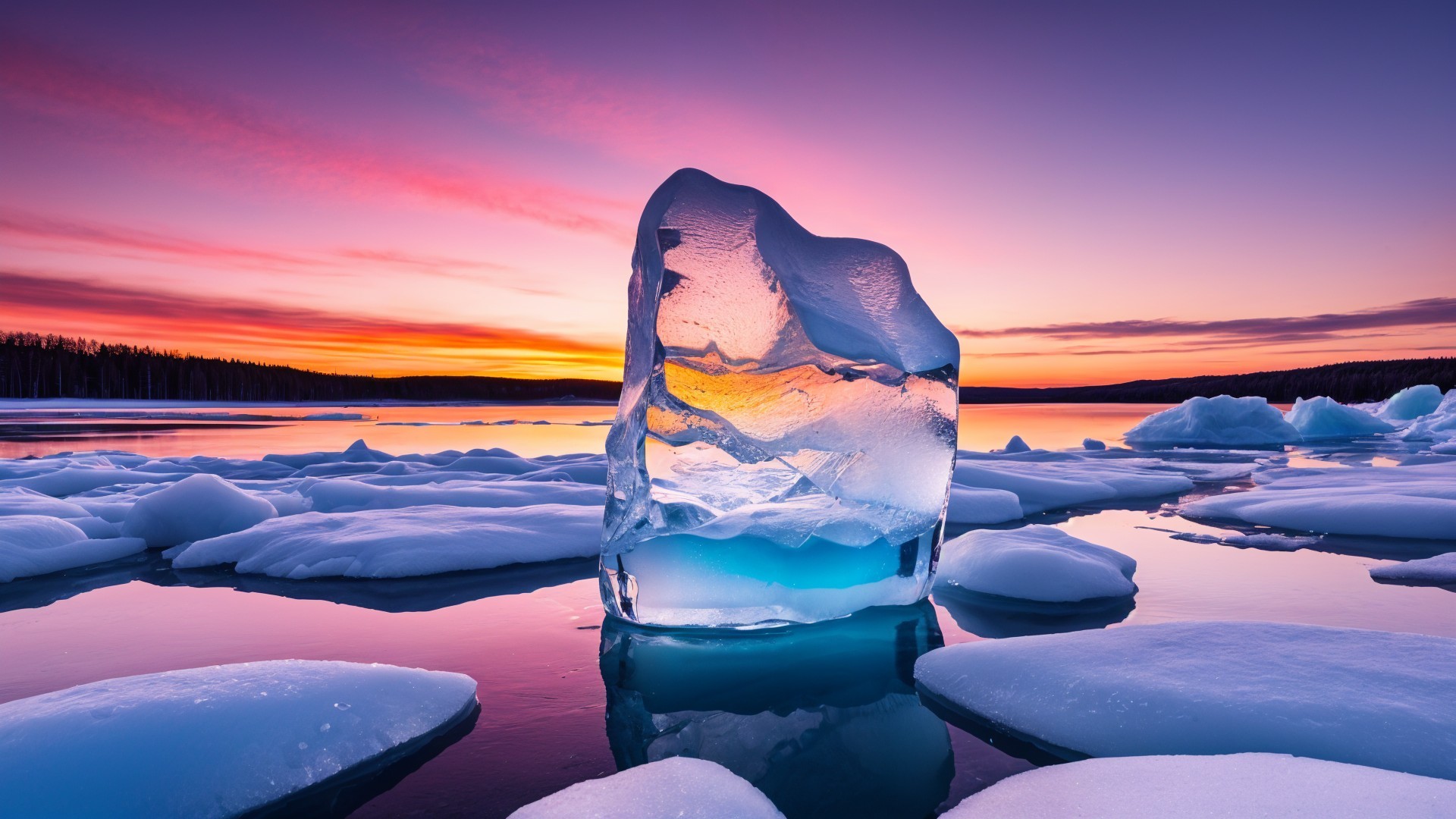 Ice Formation Reflecting Sunset Colors on a Lake