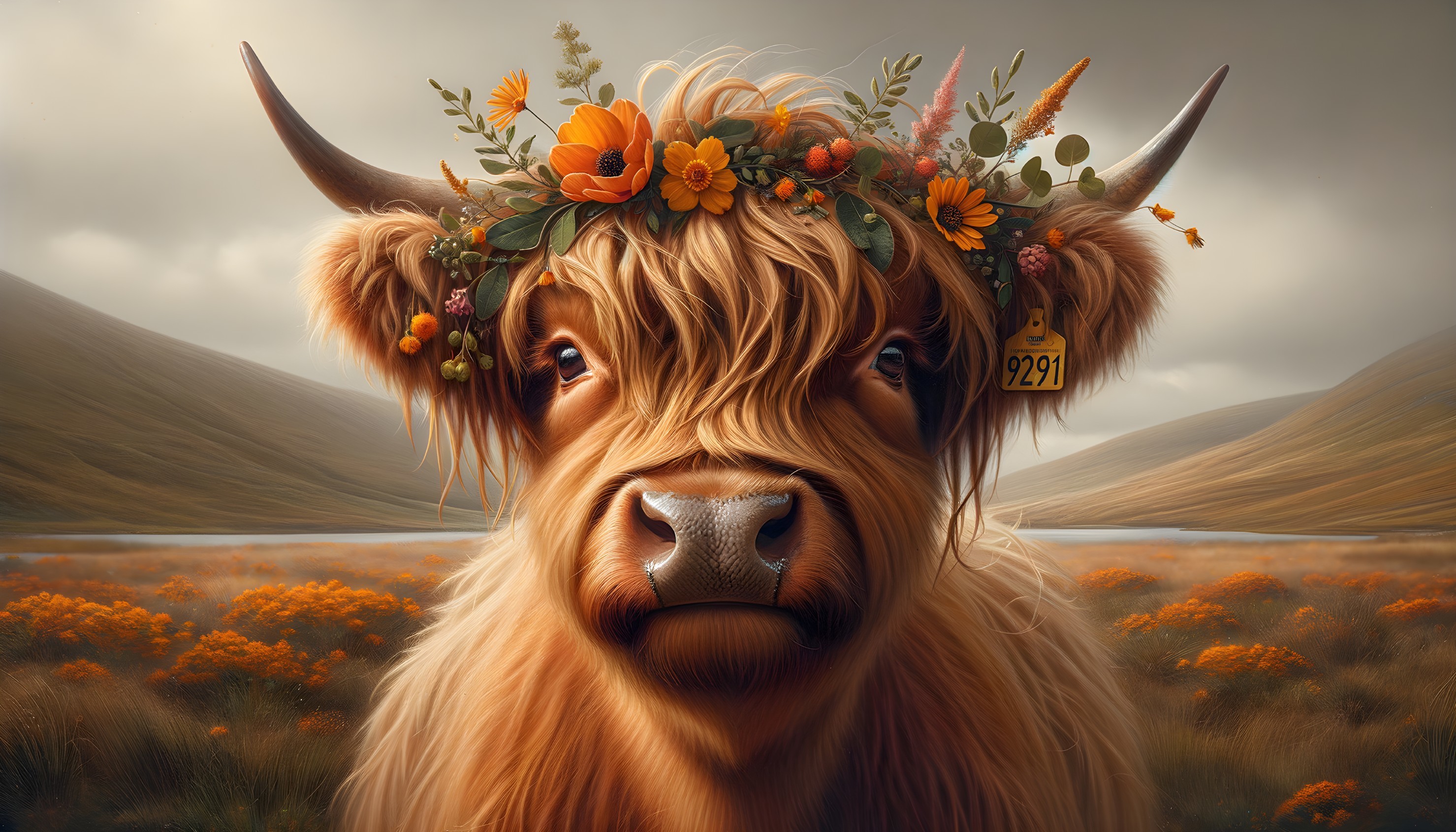 Highland cow in vibrant landscape with wildflowers