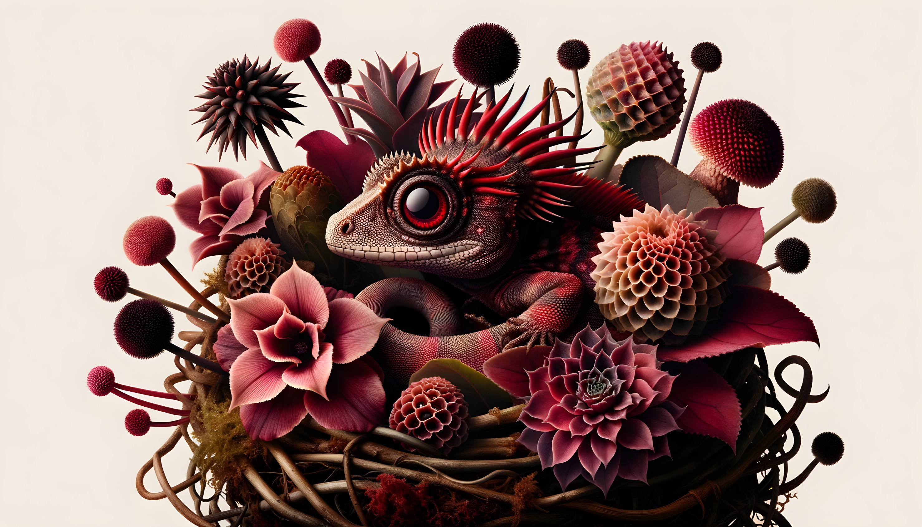 Vibrant Lizard Among Surreal Flowers and Plants