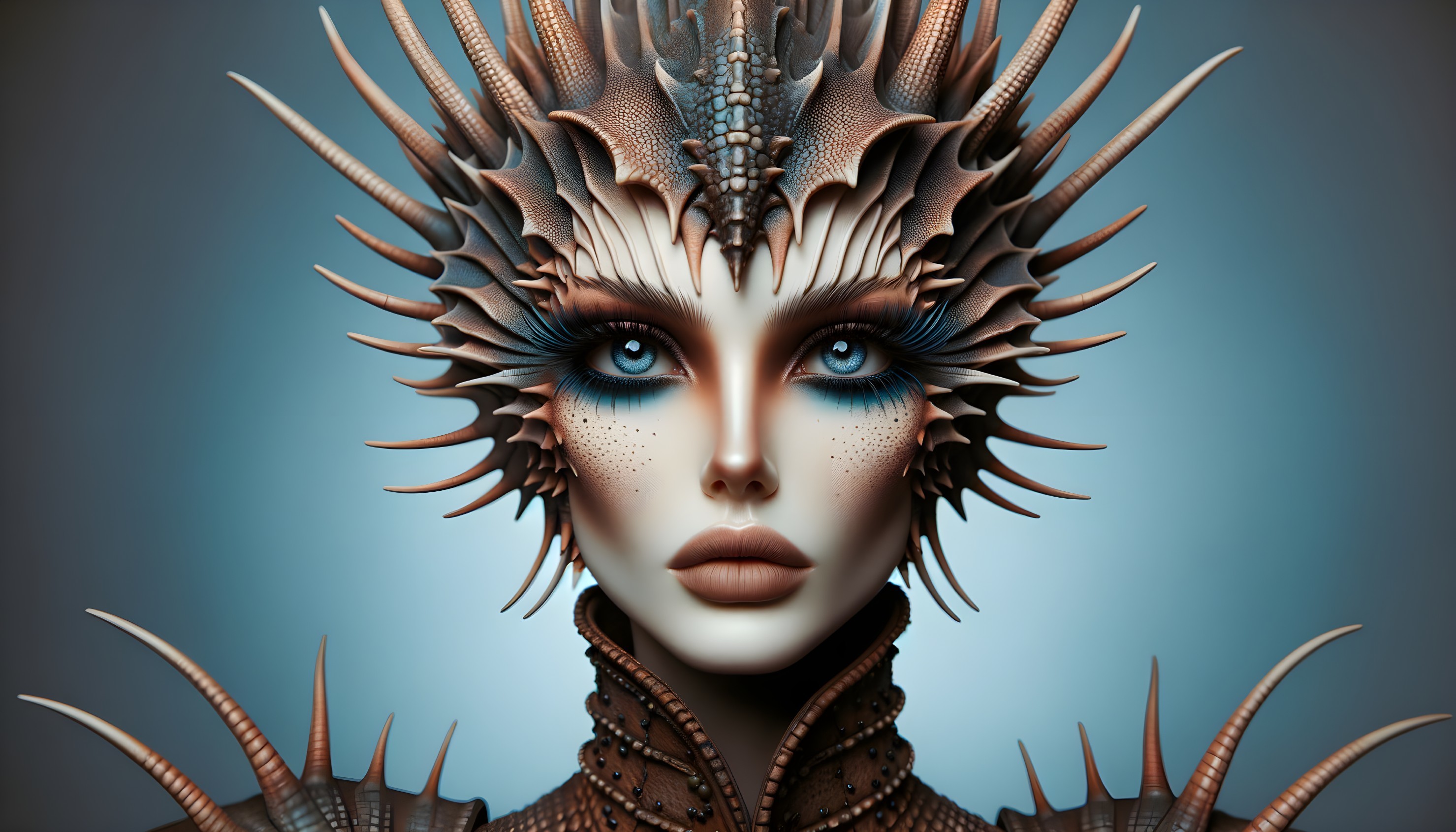 Humanoid Figure with Coral-Inspired Headgear and Makeup