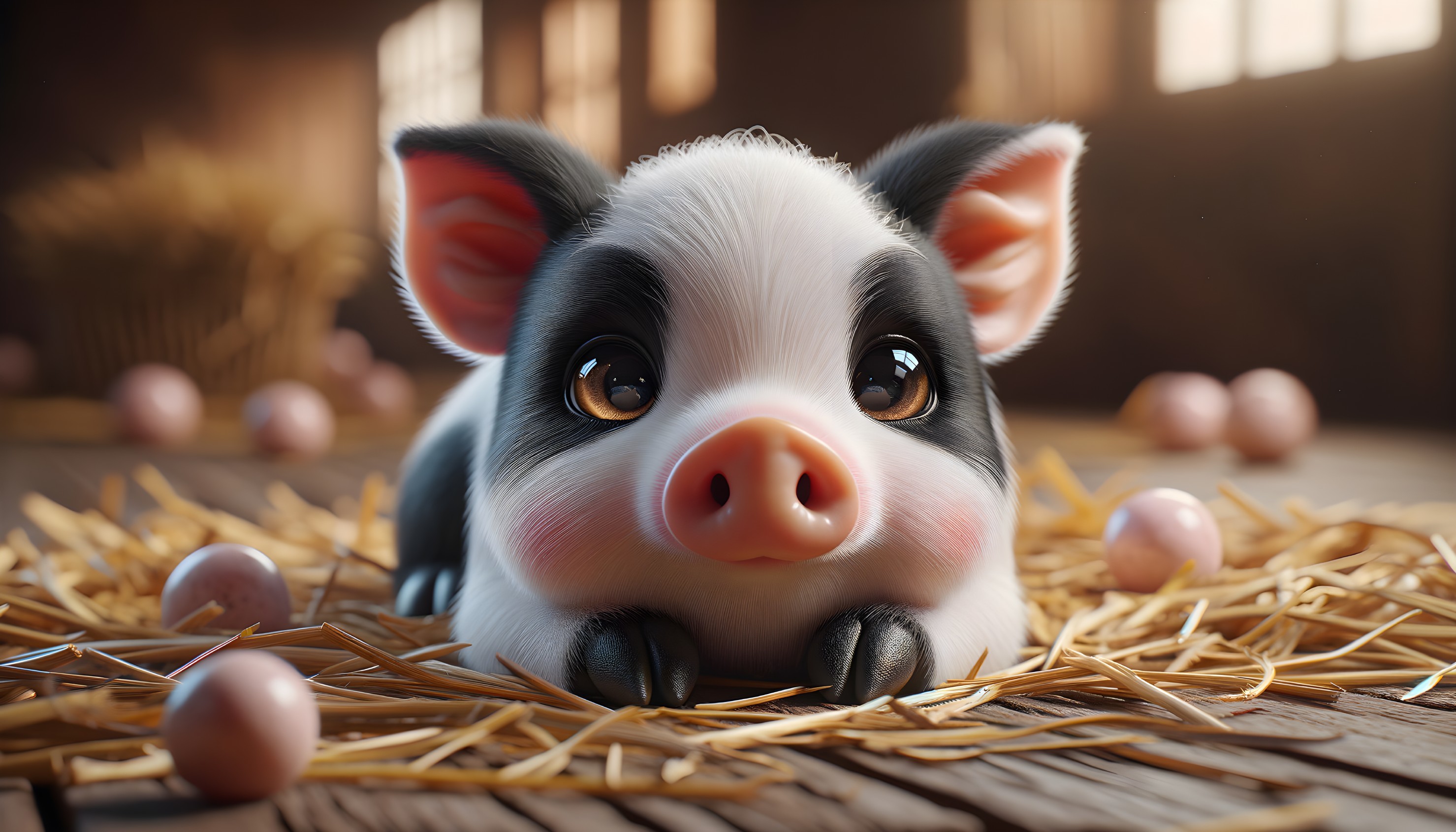 Cartoon Piglet on Straw with Pink Eggs in Barn