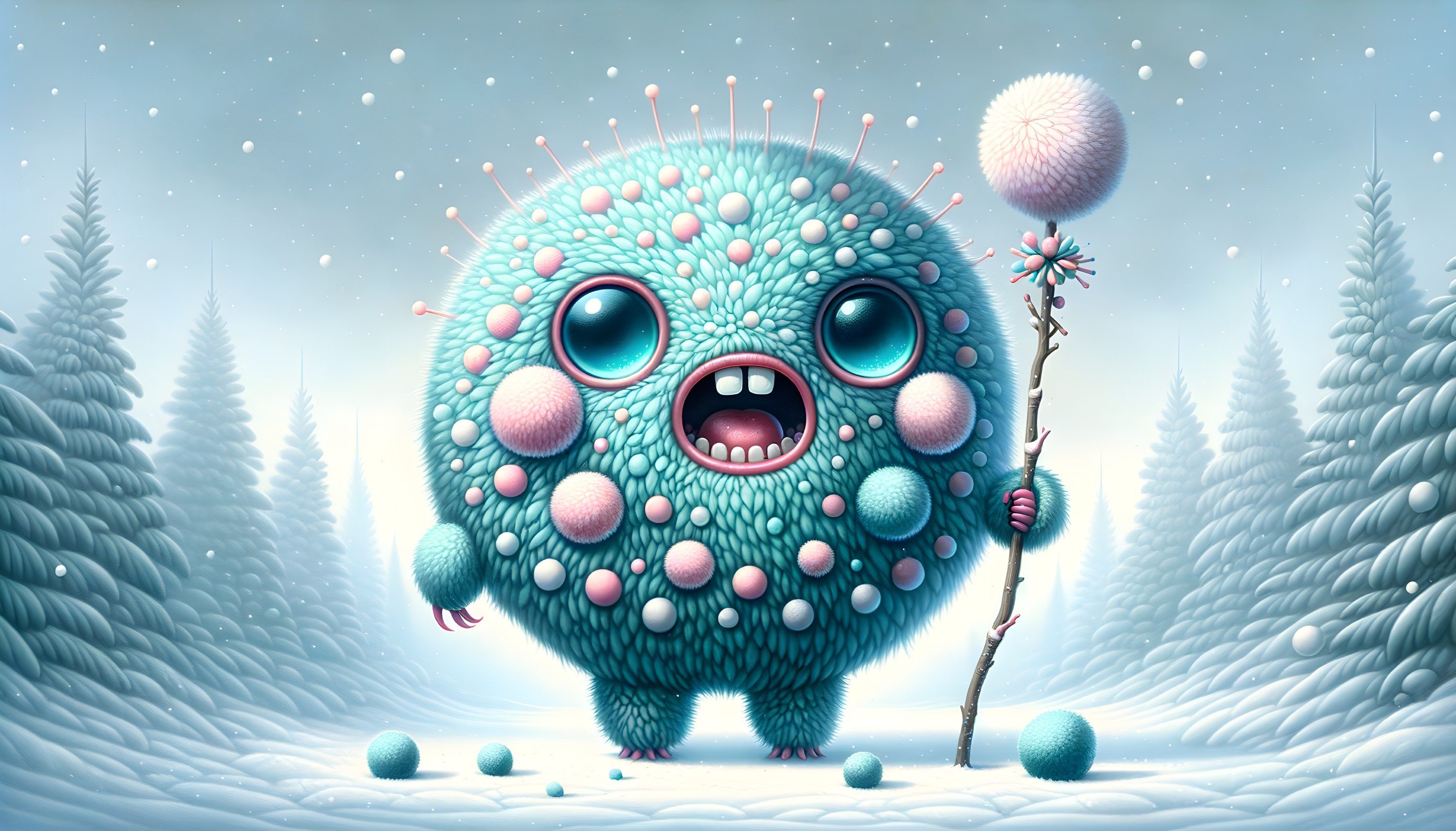 Whimsical Fluffy Creature in Snowy Landscape