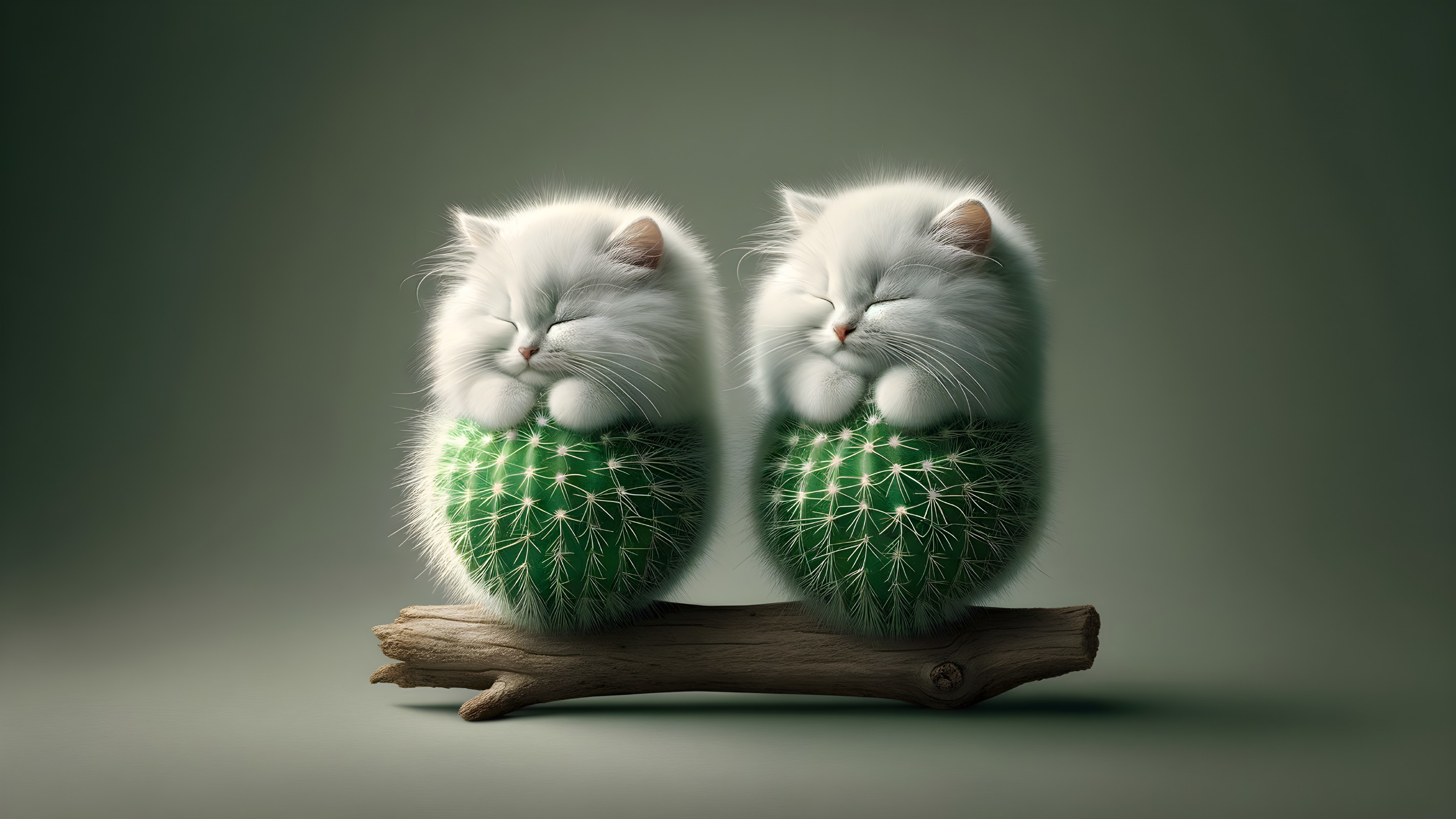 Fluffy White Kittens Resembling Cacti on a Branch