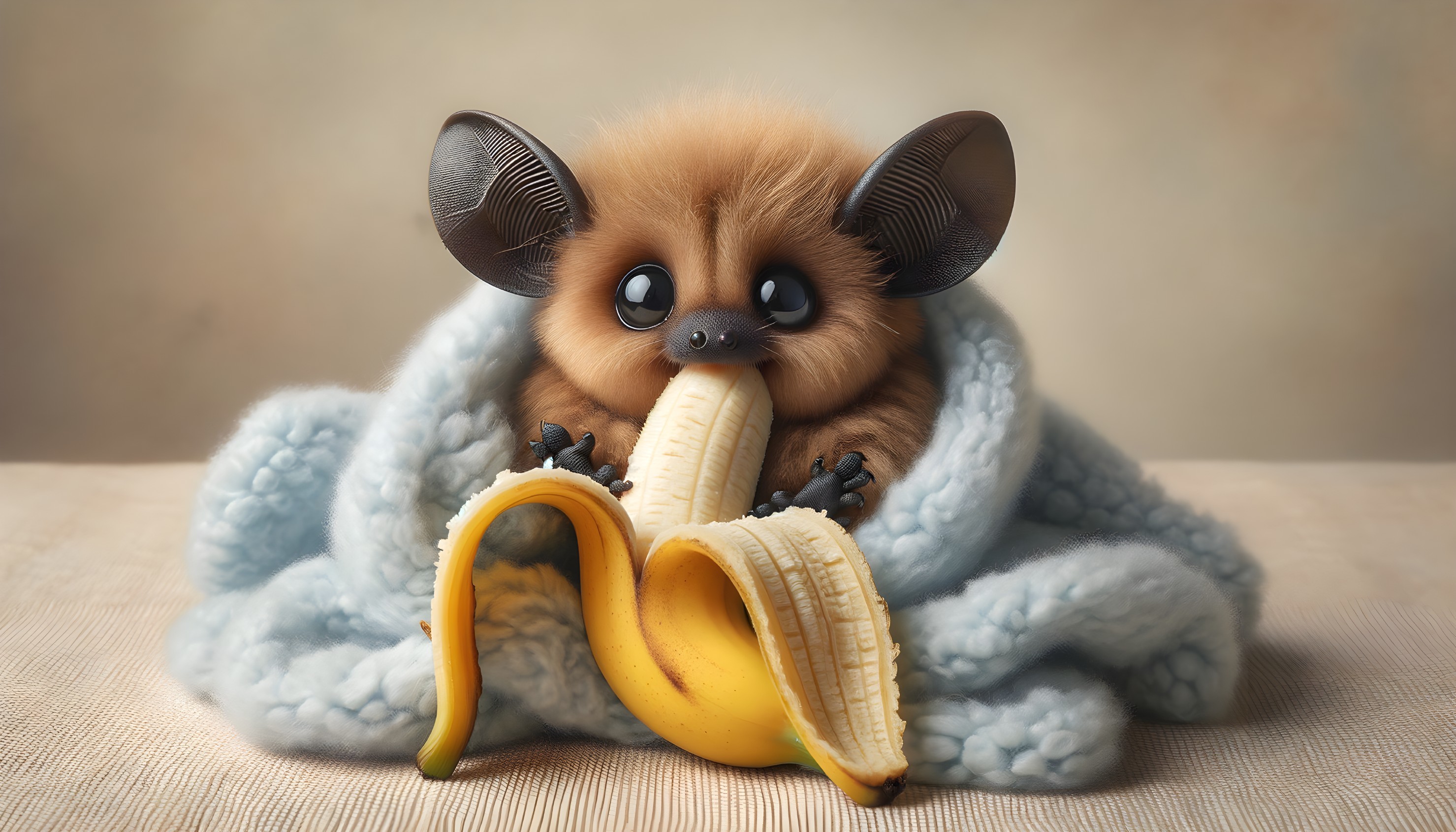 Fluffy Creature with Bananas in Cozy Setting