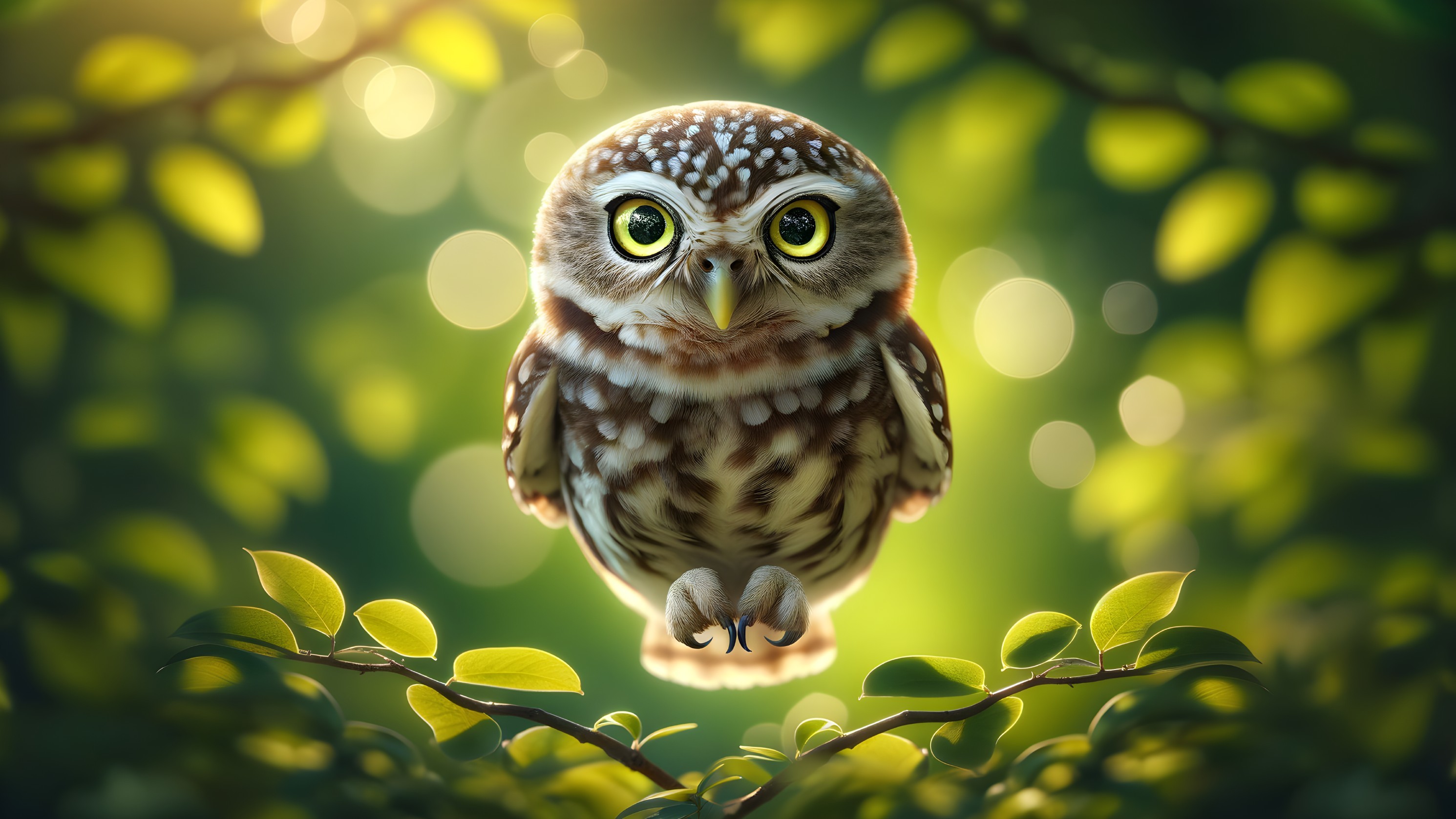 Owl on Branch Surrounded by Lush Greenery and Light