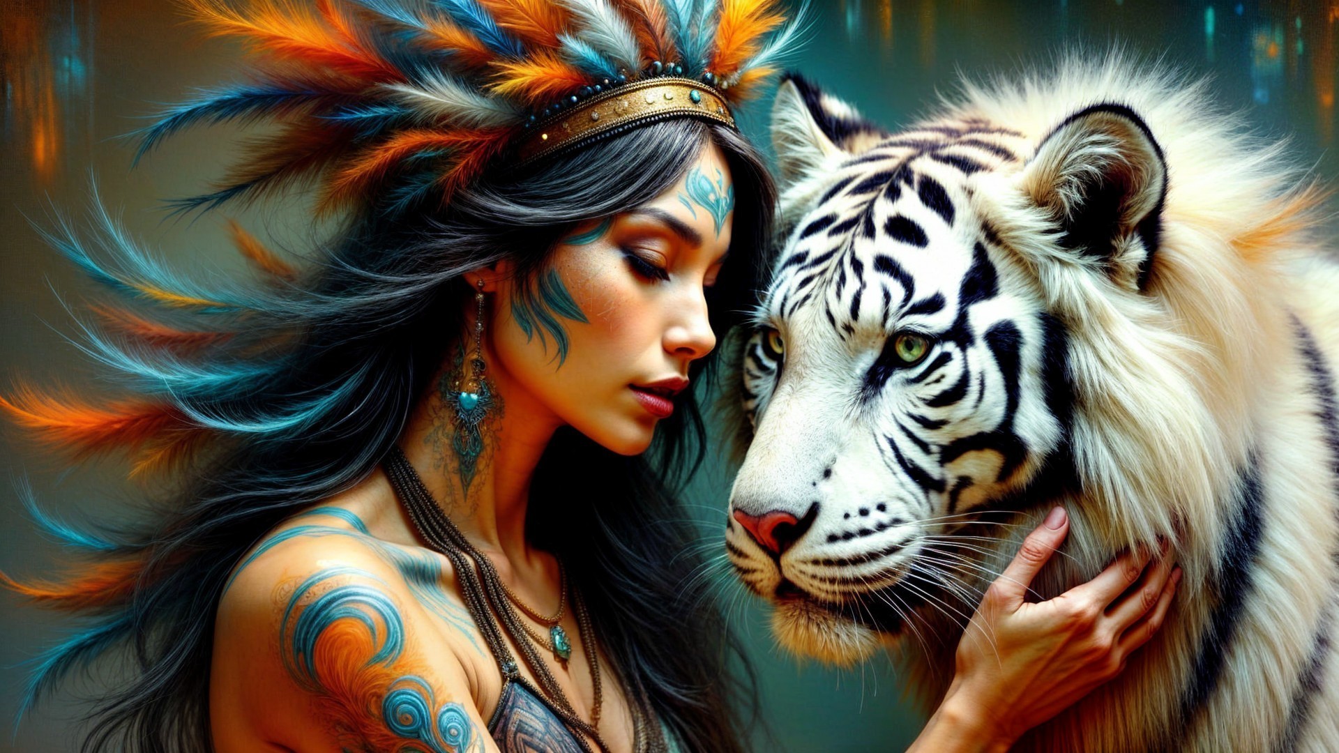 Woman with Feather Headdress and White Tiger